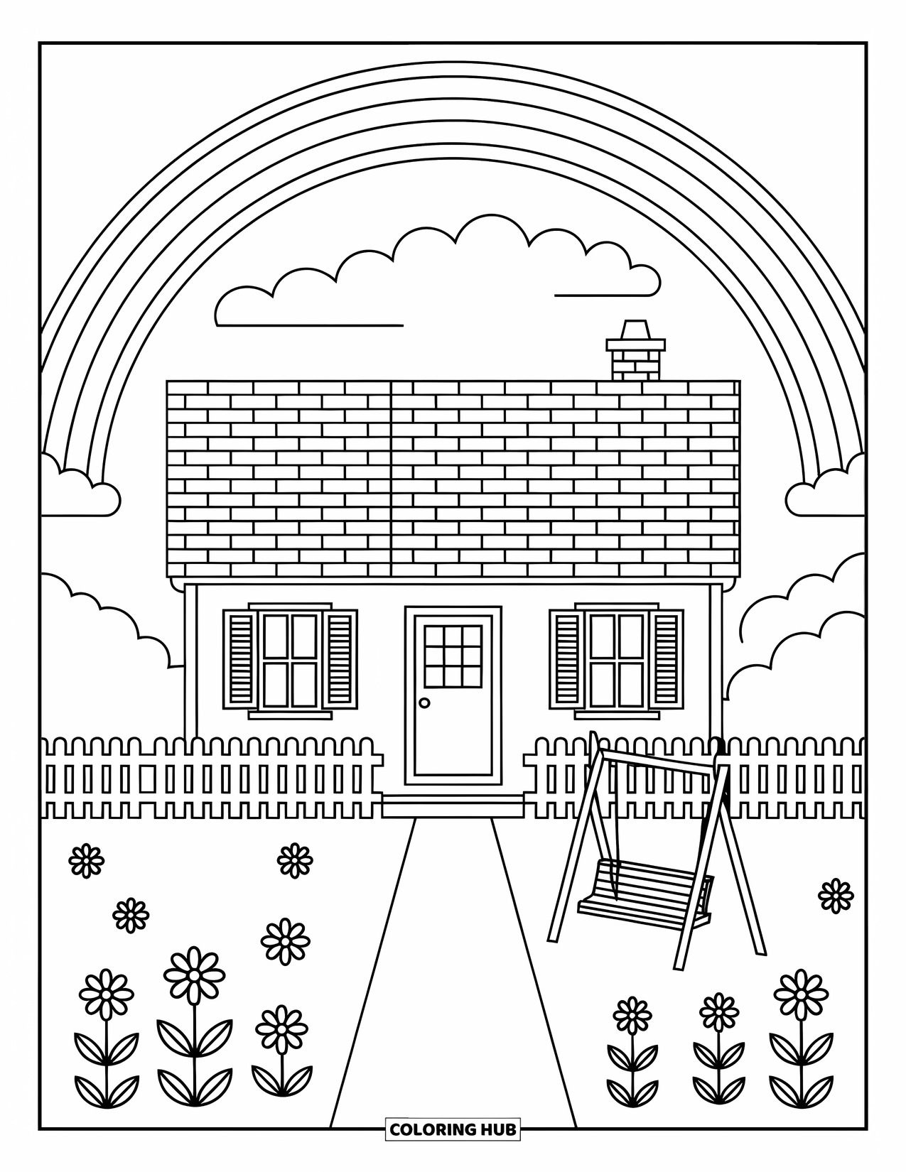 Desen de colorat cu curcubeu pentru copii: O casă fermecătoare, cu un pridvor și un leagăn, se odihnește sub un curcubeu strălucitor