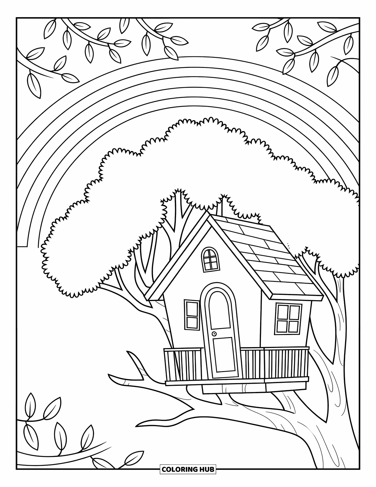Desen de colorat cu curcubeu pentru copii: O casă în copac fermecătoare, cu o ușă mică și ferestre, stă sub un curcubeu strălucitor