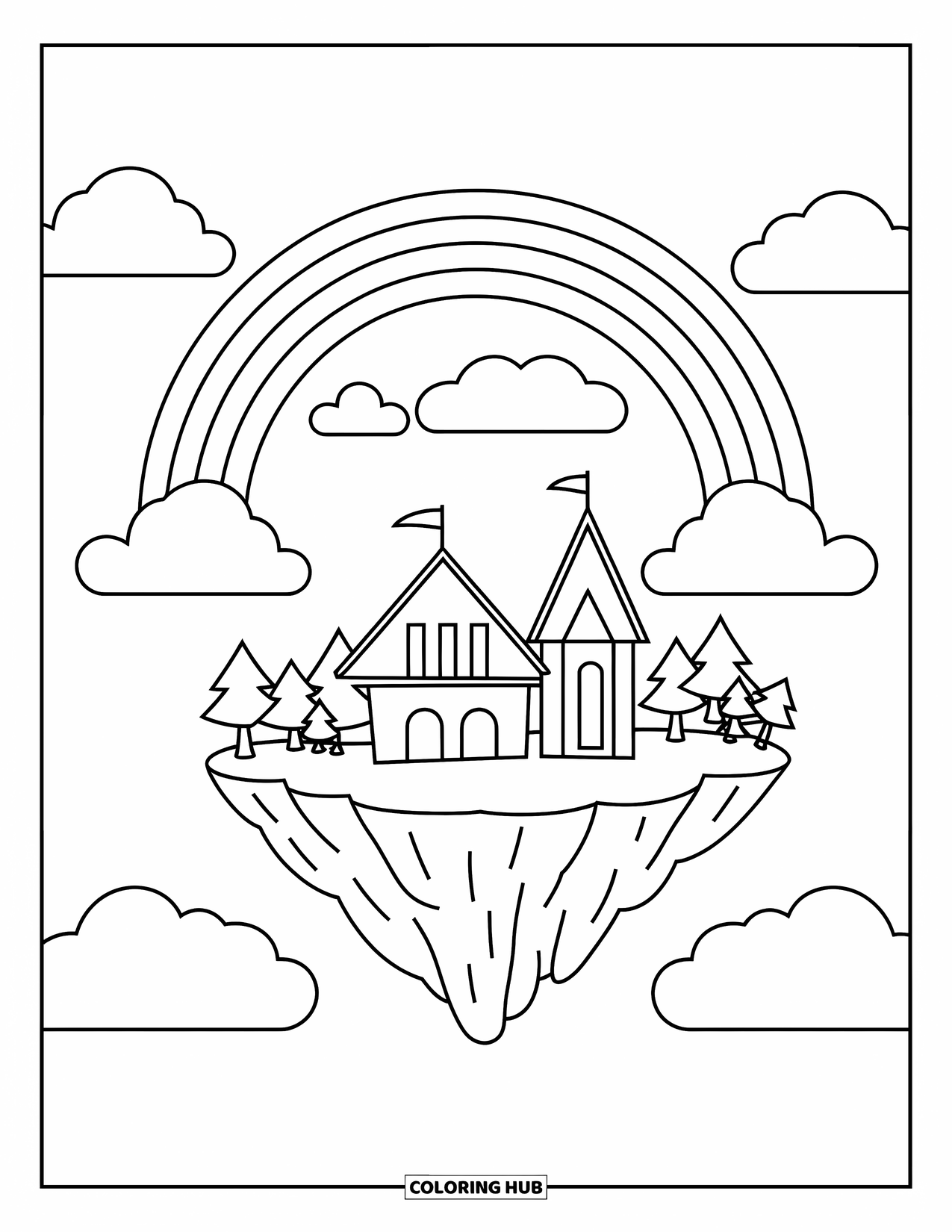 Desen de colorat cu curcubeu pentru copii: O insulă plutitoare confortabilă, cu un coș de fum care scoate fum, se odihnește sub un curcubeu delicat