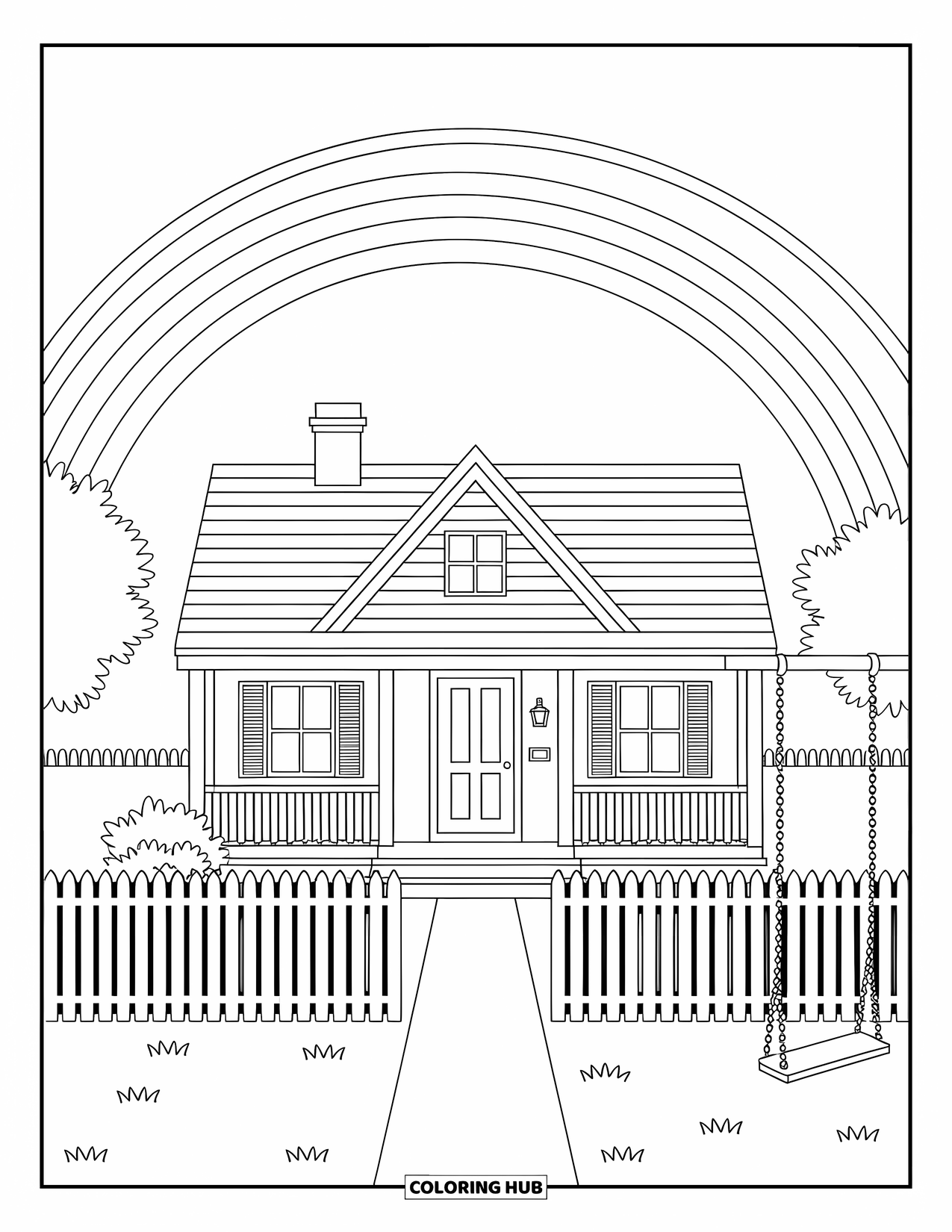 Desen de colorat cu curcubeu pentru copii: O casă confortabilă cu un gard de scânduri stă sub un curcubeu ușor arcuit pe cer