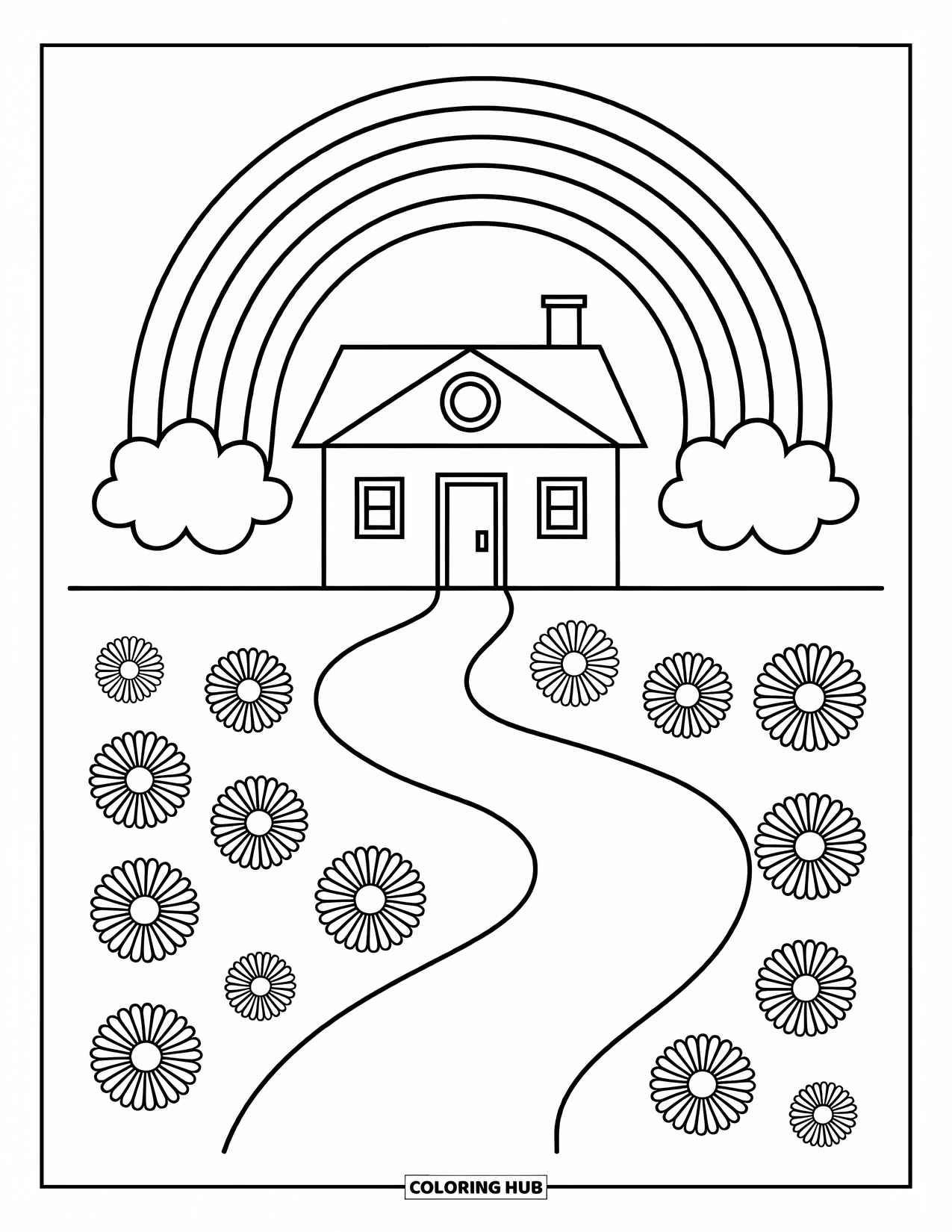 Desen de colorat cu curcubeu pentru copii: O casă confortabilă cu un curcubeu deasupra și o potecă veselă mărginită de flori