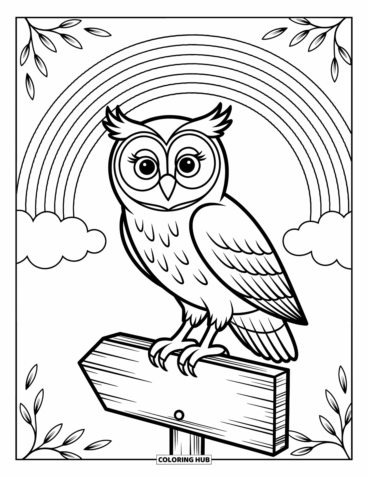 Desen de colorat cu curcubeu pentru copii: O bufniță curioasă stă pe un indicator uzat, privind un curcubeu moale pe cer