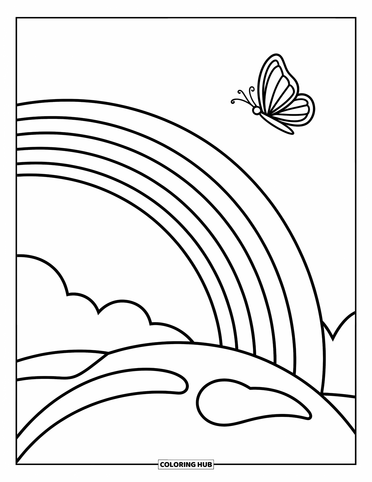 Desen de colorat cu curcubeu pentru copii: Un fluture delicat flutură lângă un curcubeu care se întinde peste un deal liniștit