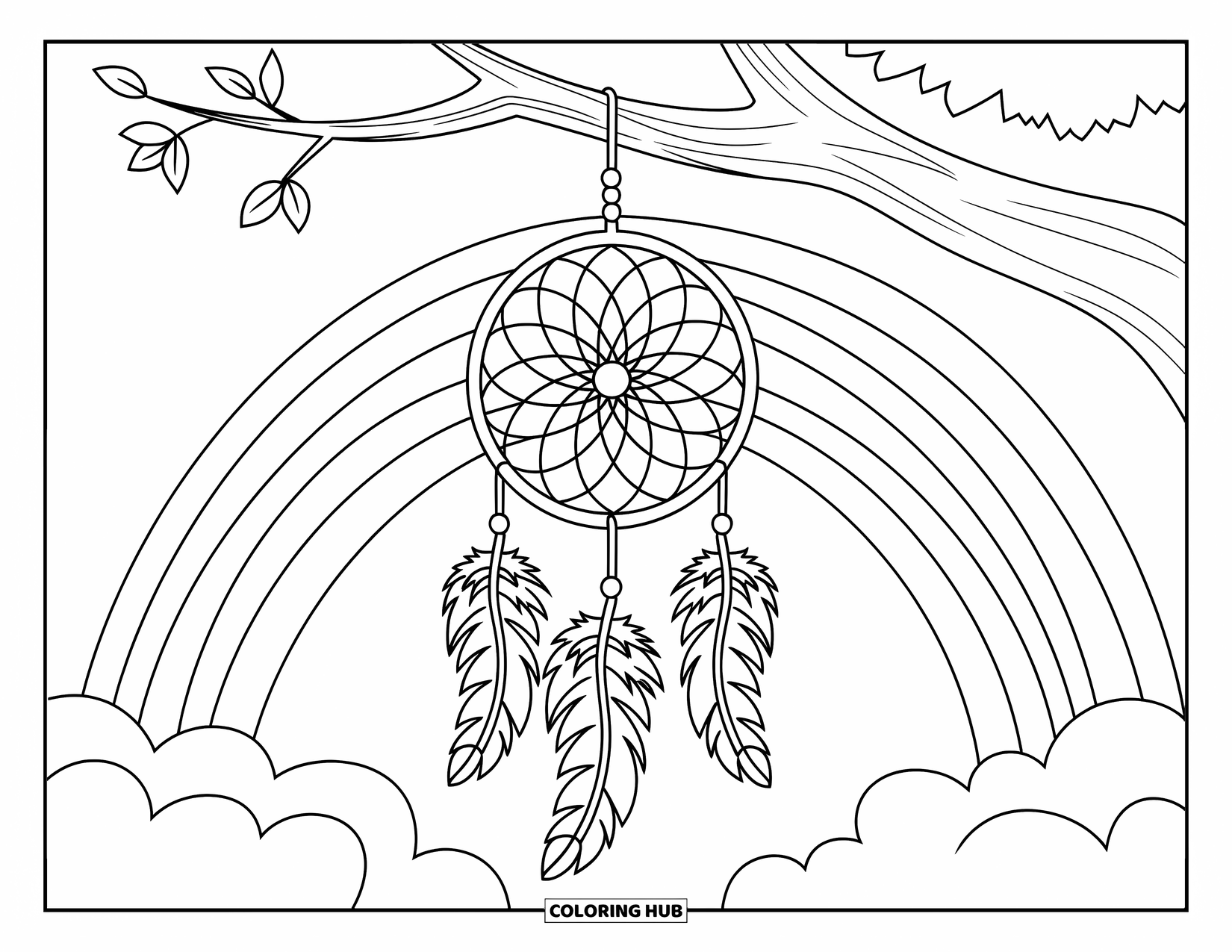 Desen de colorat cu curcubeu pentru copii: Un prinzător de vise cu o plasă complexă și pene moi atârnă de o ramură robustă de copac