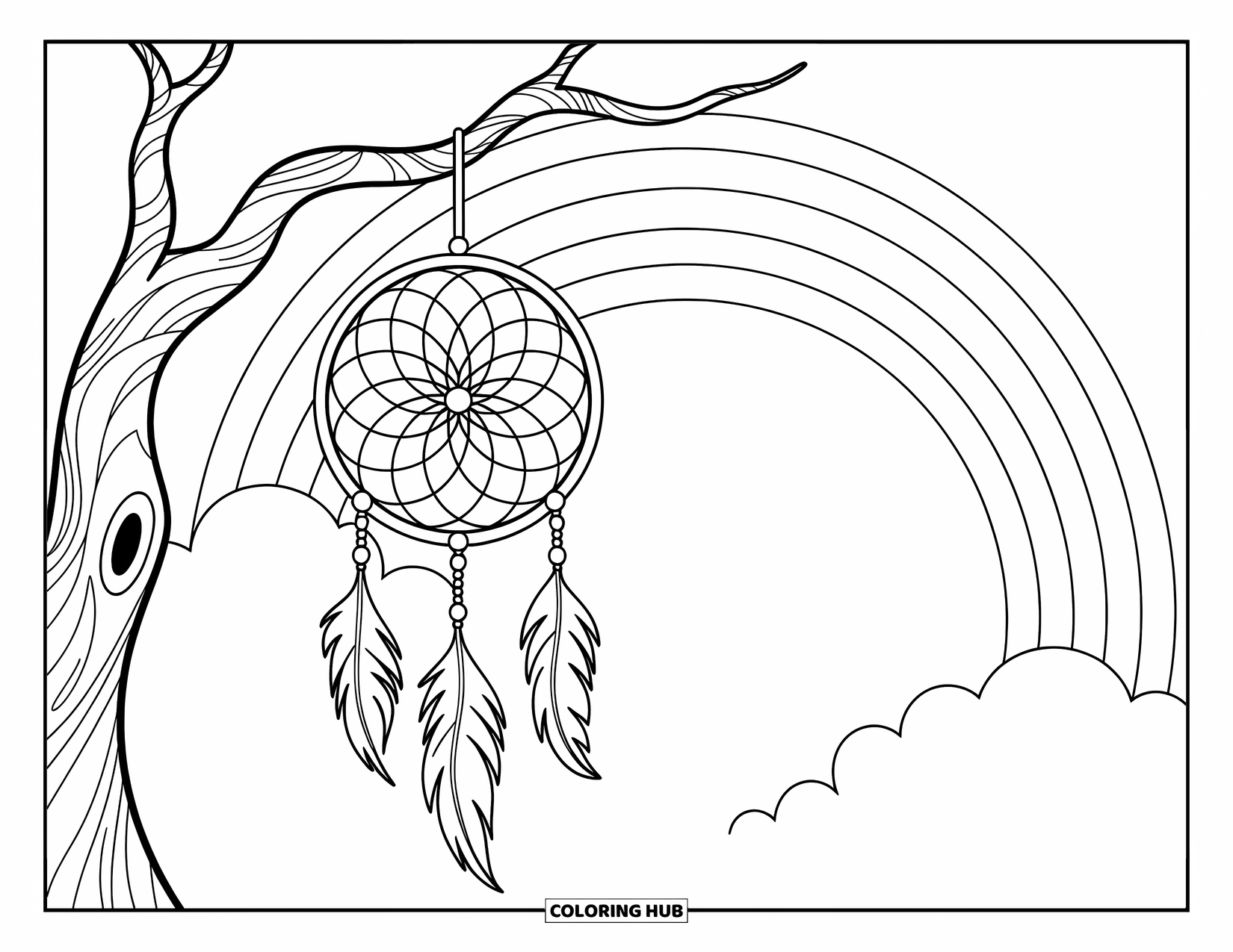 Desen de colorat cu curcubeu pentru copii: Un prinzător de vise cu pene detaliate și modele vârtejuri atârnă grațios de o ramură de copac