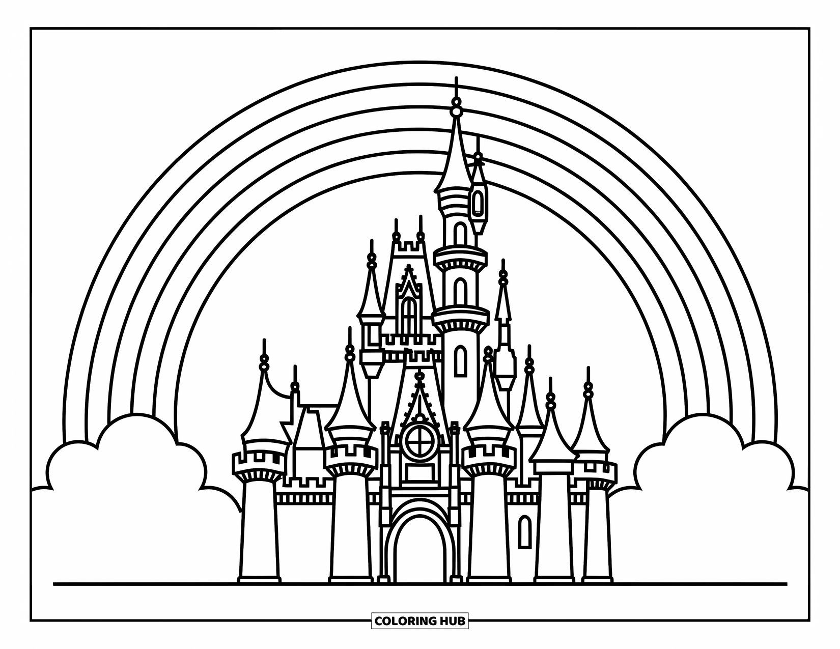 Desen de colorat cu curcubeu pentru copii: Un castel de basm cu contururi îndrăznețe se află pe fundalul unui curcubeu strălucitor pe cer