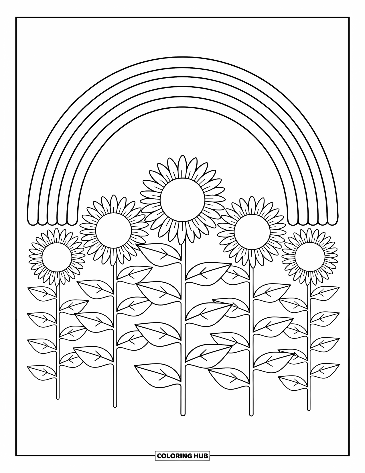 Desen de colorat cu curcubeu pentru copii: Un câmp de floarea-soarelui se întinde spre cer, cu un curcubeu strălucitor în depărtare