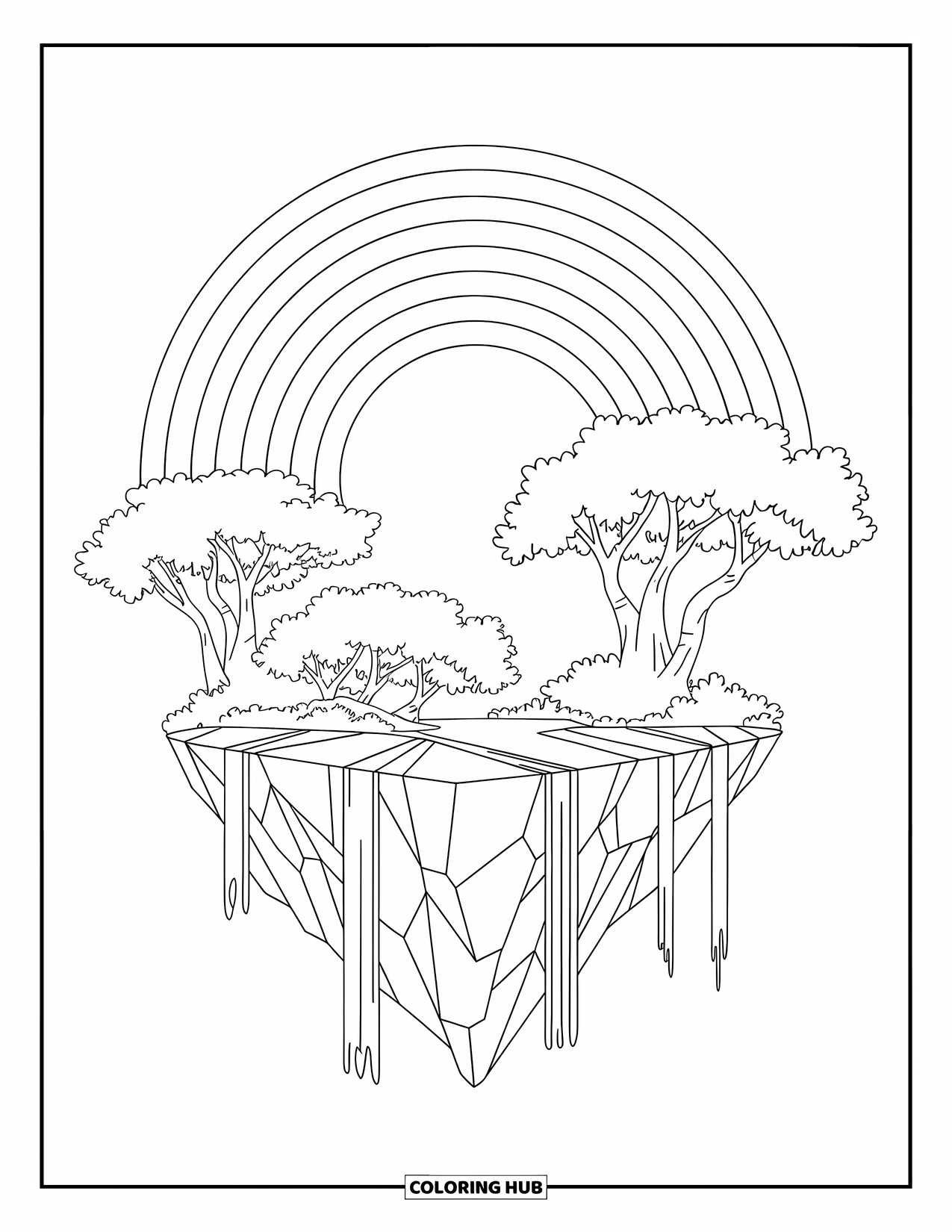 Desen de colorat cu curcubeu pentru copii: O insulă plutitoare cu cascade se află sub un curcubeu maiestuos pe cer