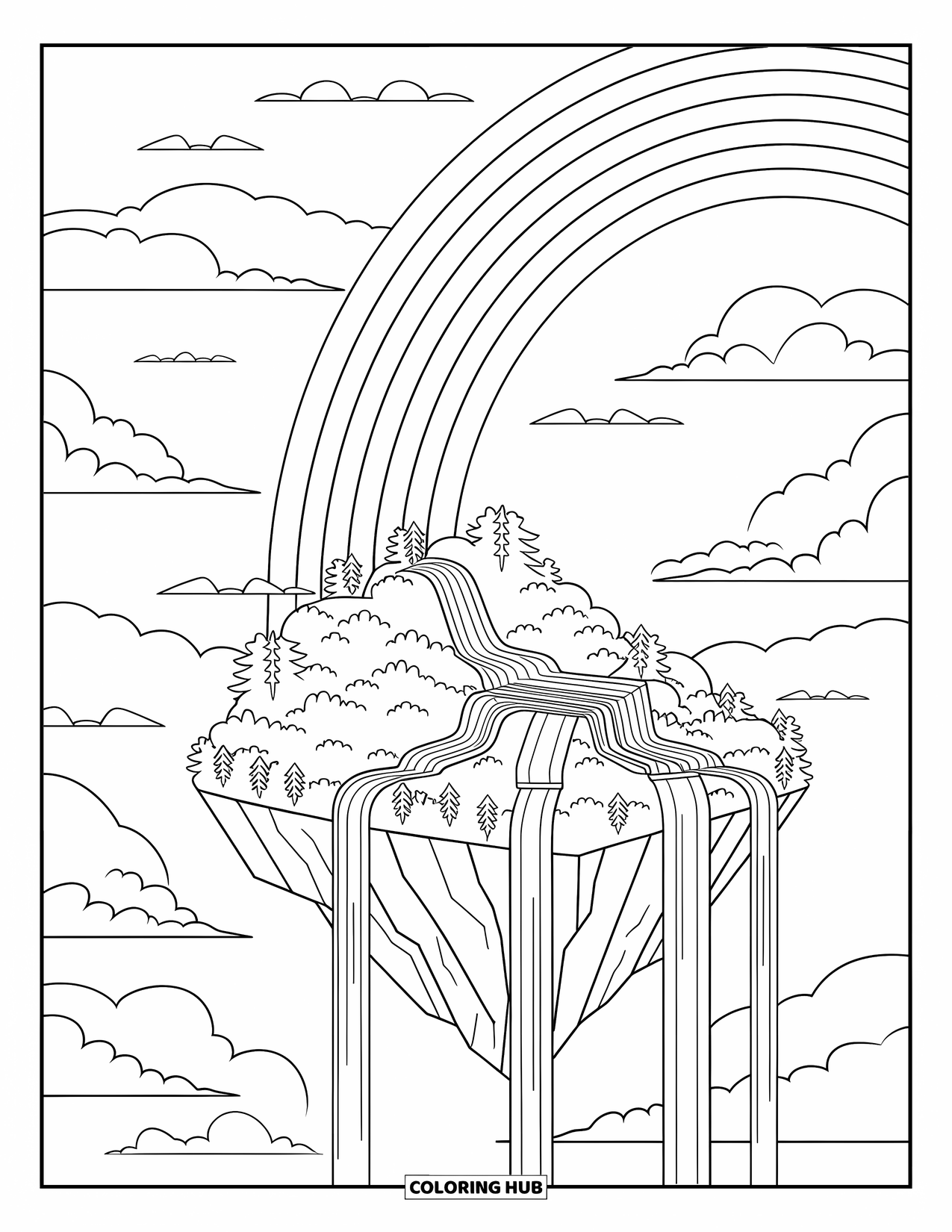Desen de colorat cu curcubeu pentru copii: O insulă plutitoare cu copaci luxuriant și cascade se odihnește sub un curcubeu larg