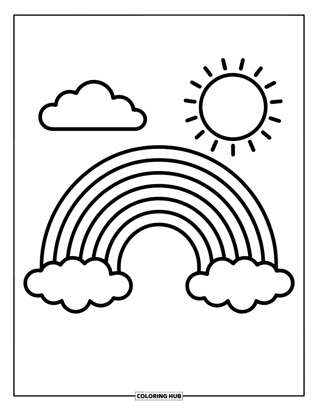 Desen de colorat cu curcubeu pentru copii: Un nor pufos plutește lângă un curcubeu strălucitor, cu soarele zărindu-se printre