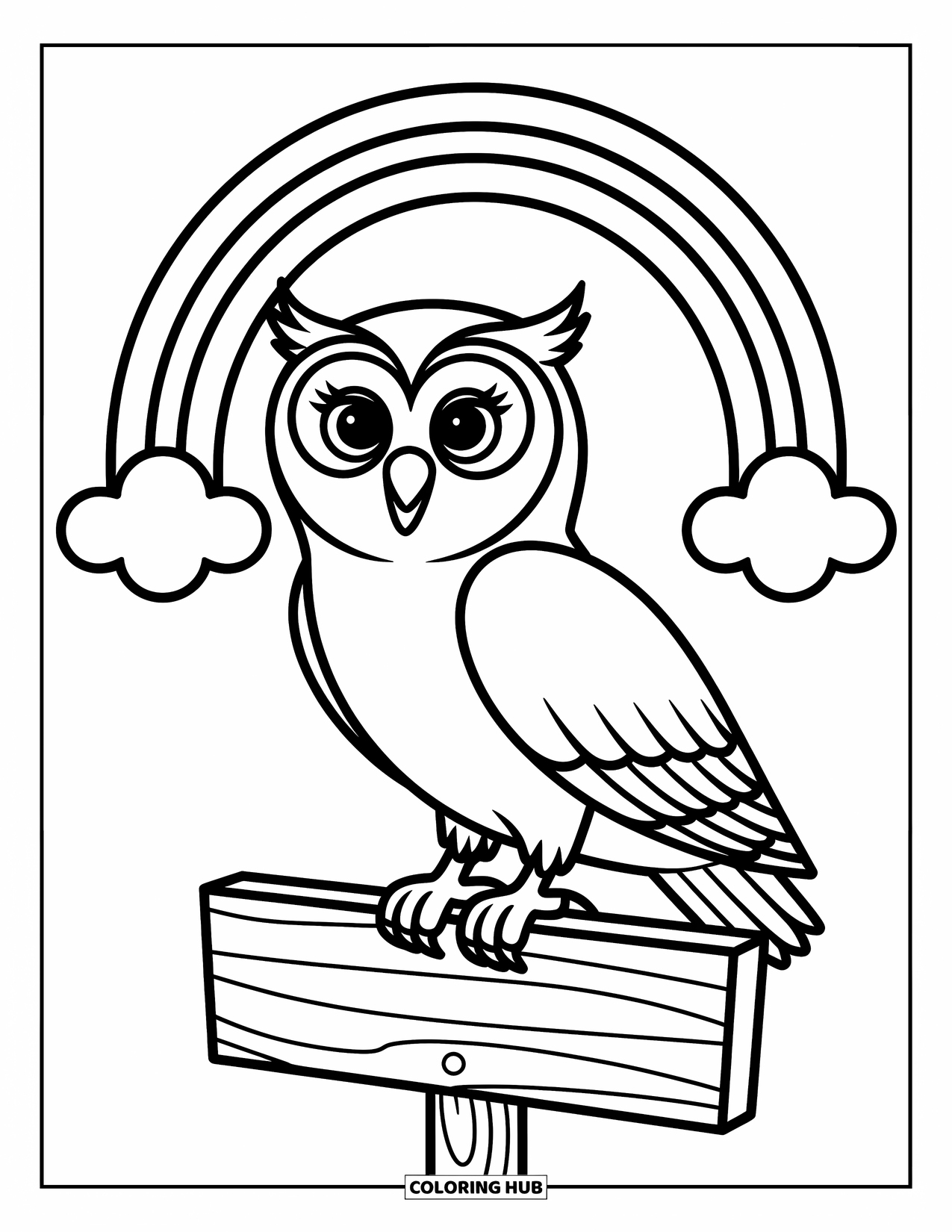 Desen de colorat cu curcubeu pentru copii: O bufniță prietenoasă se află pe un indicator de lemn, cu un curcubeu grațios arcuindu-se în spatele ei