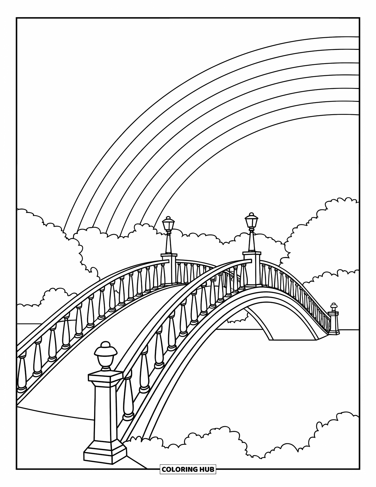 Desen de colorat cu curcubeu pentru copii: Un pod grațios se arcuiește peste un lac liniștit, cu un curcubeu întinzându-se pe cer