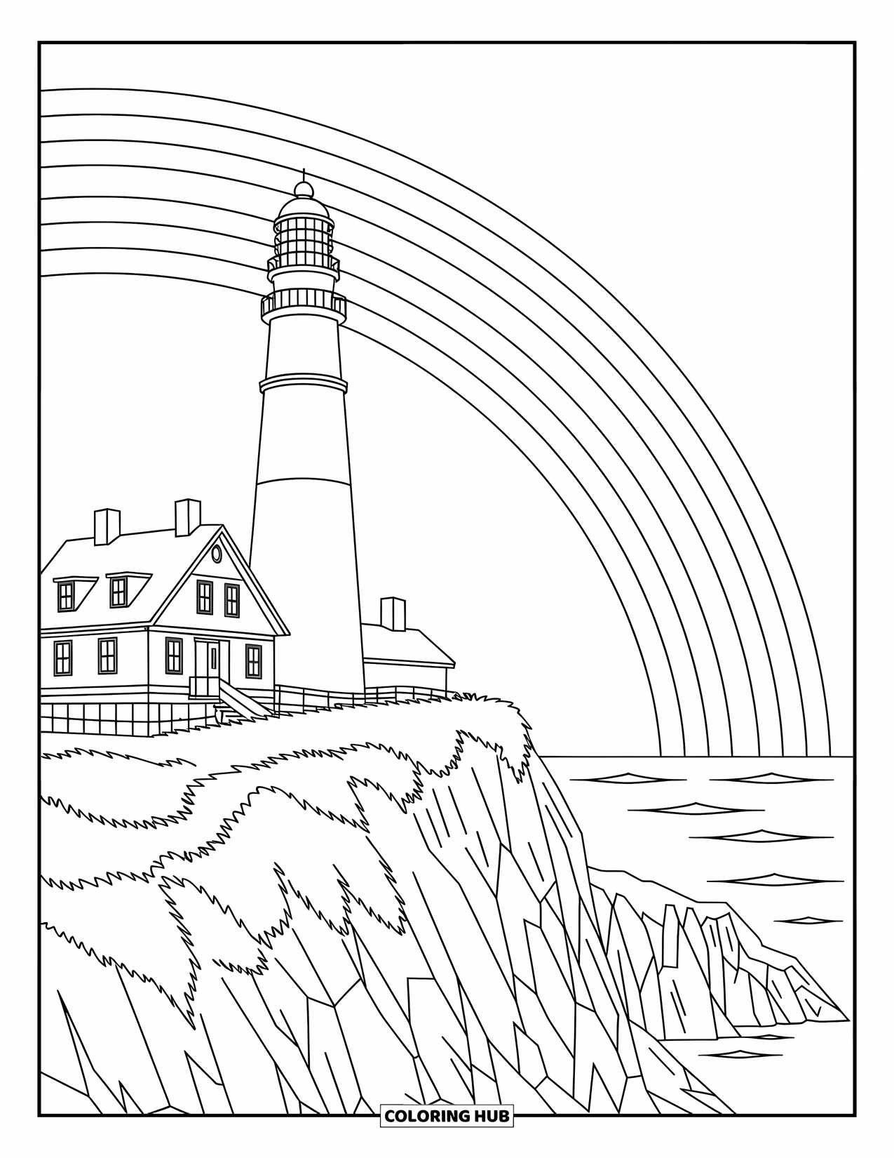 Desen de colorat cu curcubeu pentru copii: Un far grandios domină o stâncă stâncoasă, cu un curcubeu larg întinzându-se pe cer