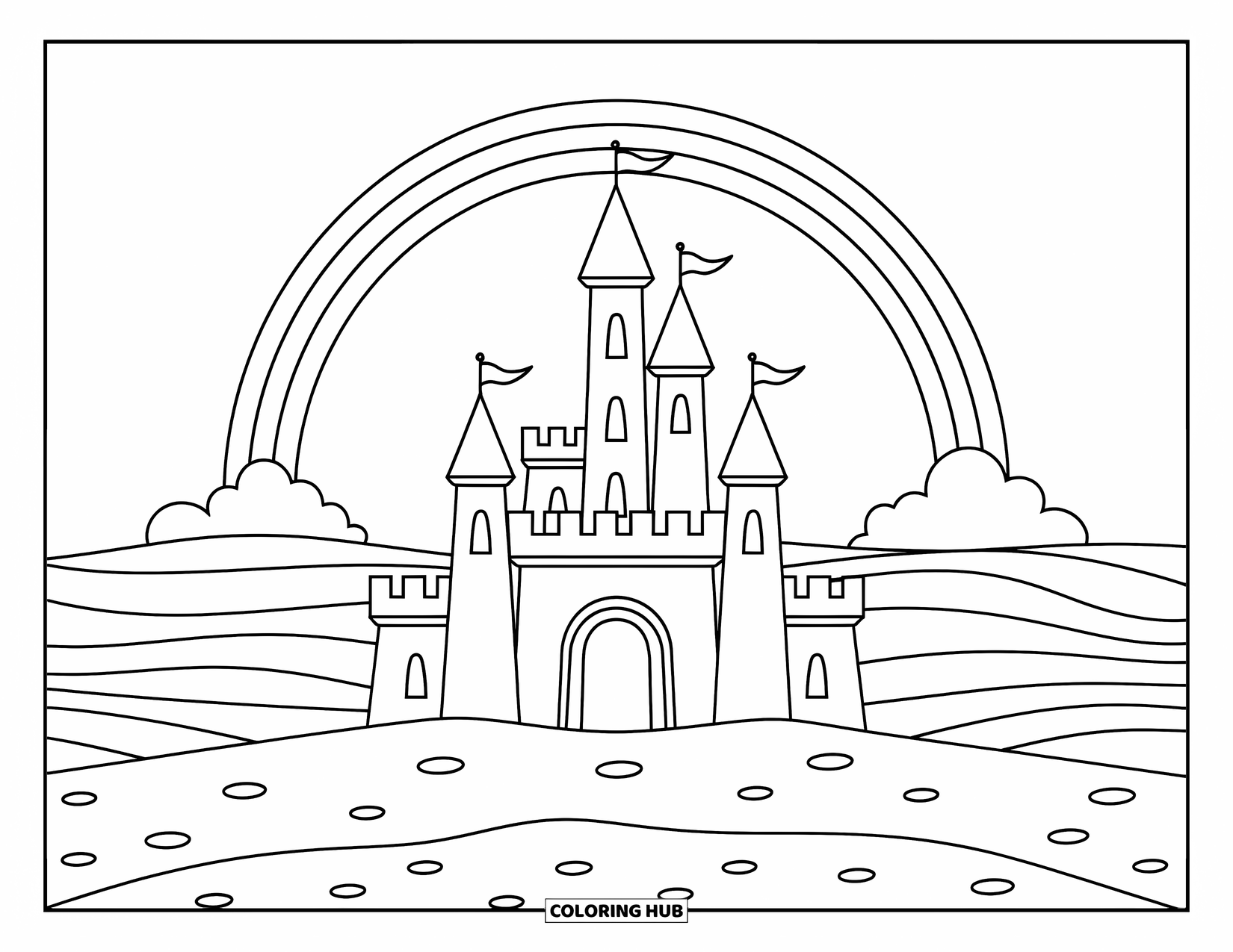 Desen de colorat cu curcubeu pentru copii: Un castel de nisip grandios se află pe țărm, cu un curcubeu arcuindu-se peste valurile oceanului