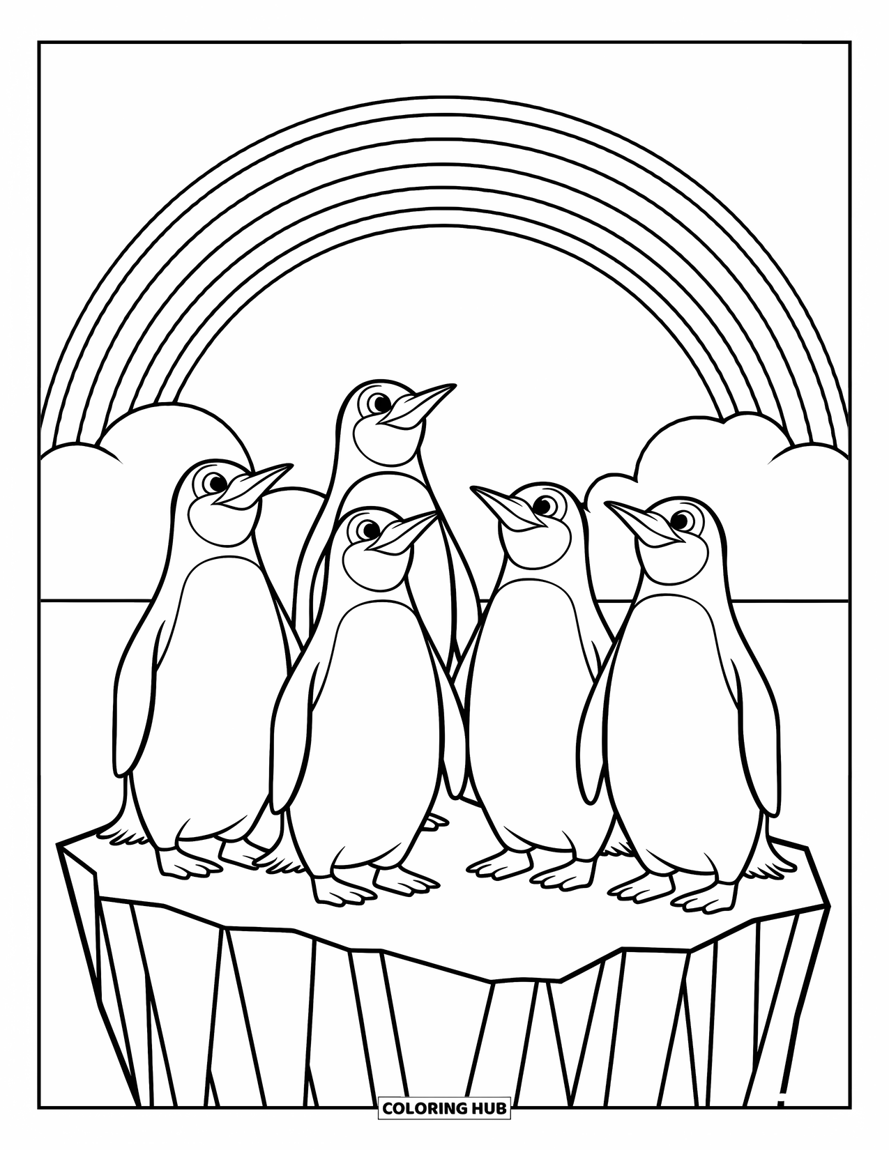 Desen de colorat cu curcubeu pentru copii: Un grup de pinguini stă pe un aisberg, privind un curcubeu care se întinde pe cer