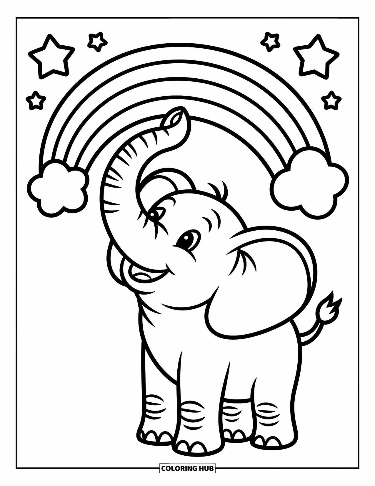 Desen de colorat cu curcubeu pentru copii: Un elefant fericit stă sub un curcubeu strălucitor, cu steluțe mici sclipind deasupra