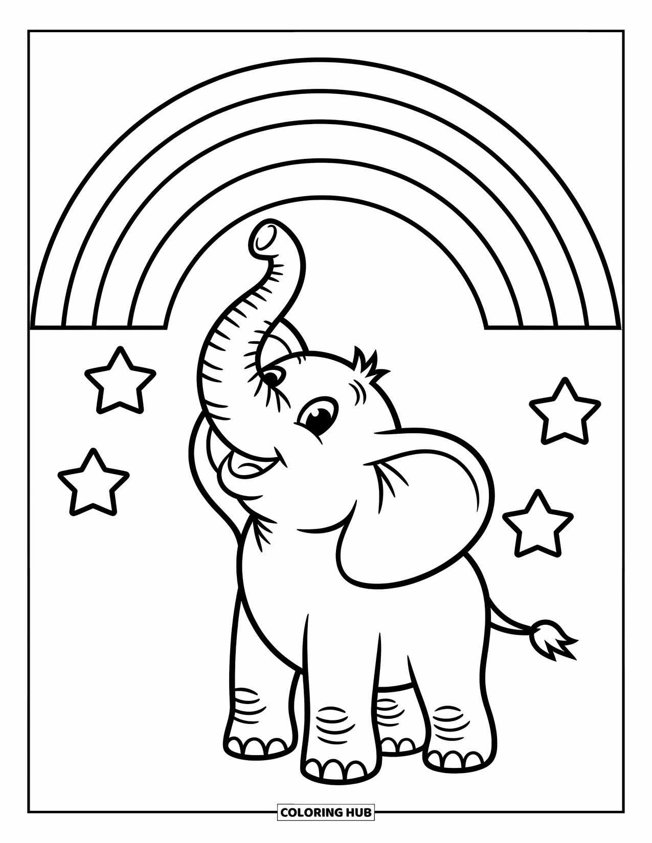 Desen de colorat cu curcubeu pentru copii: Un elefant vesel își ridică trompa, încadrat de un curcubeu larg și steluțe jucăușe