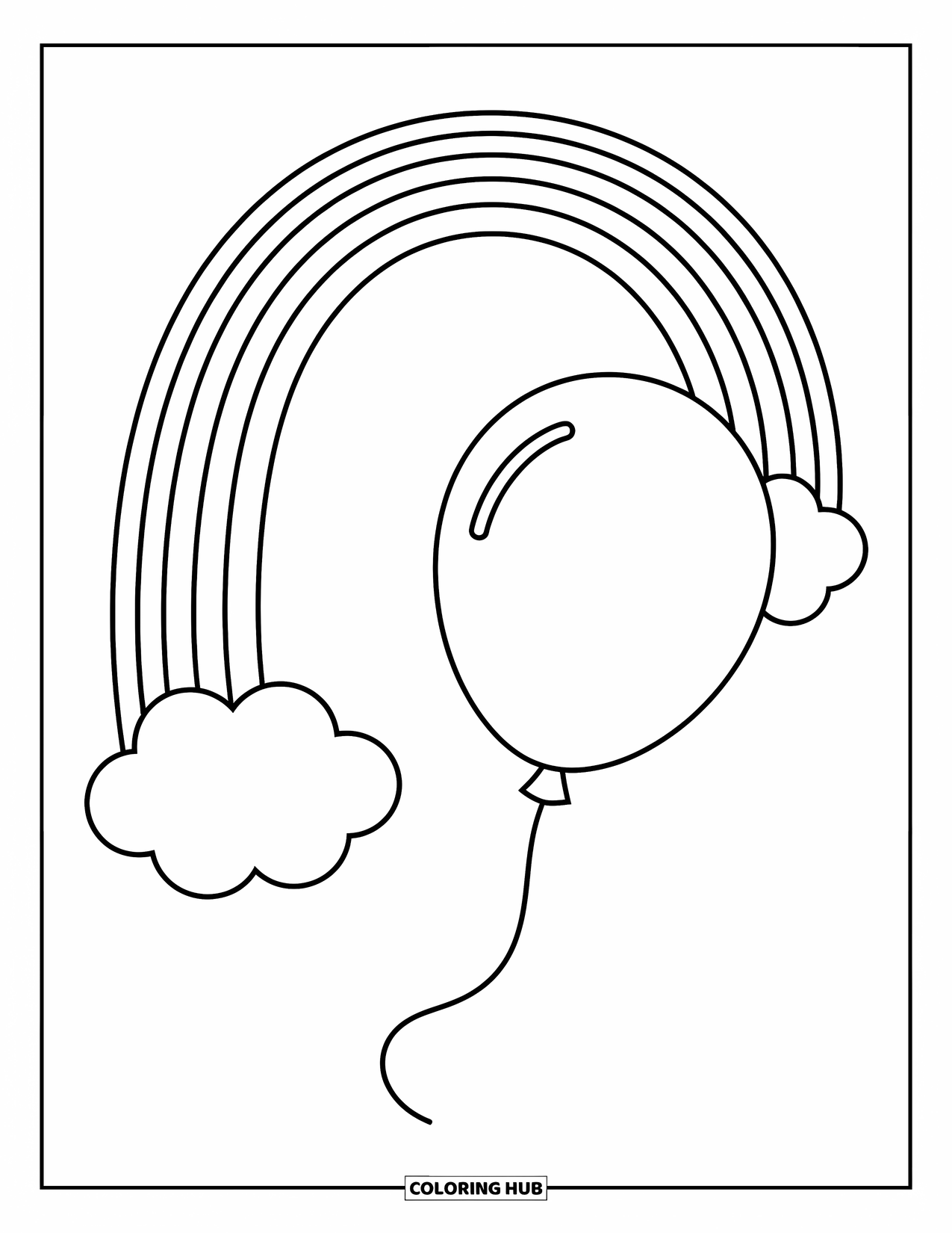 Desen de colorat cu curcubeu pentru copii: Un balon mare plutește liniștit pe cer, cu un curcubeu grațios arcuindu-se deasupra