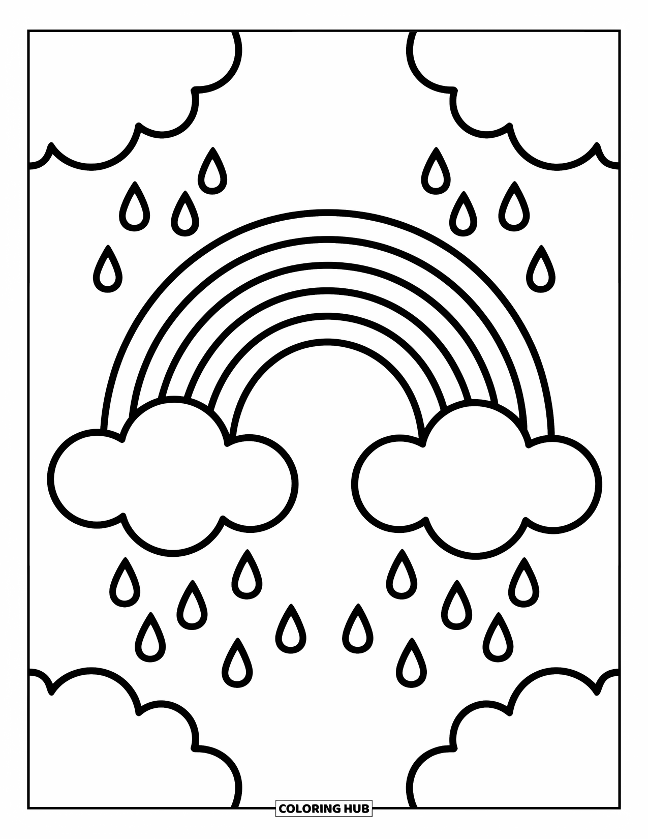 Desen de colorat cu curcubeu pentru copii: Un curcubeu mare se arcuiește între nori moi, cu stropi mici de ploaie plutind în aer