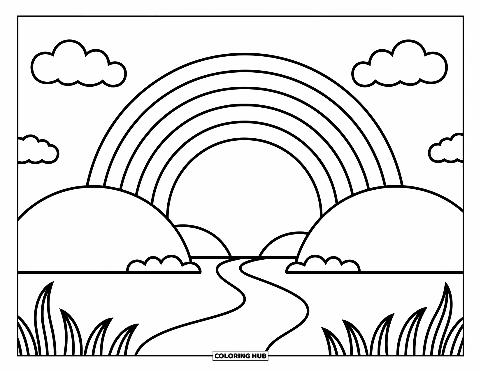 Desen de colorat cu curcubeu pentru copii: Un curcubeu mare se întinde între dealuri moi, invitând imaginațiile tinere să exploreze
