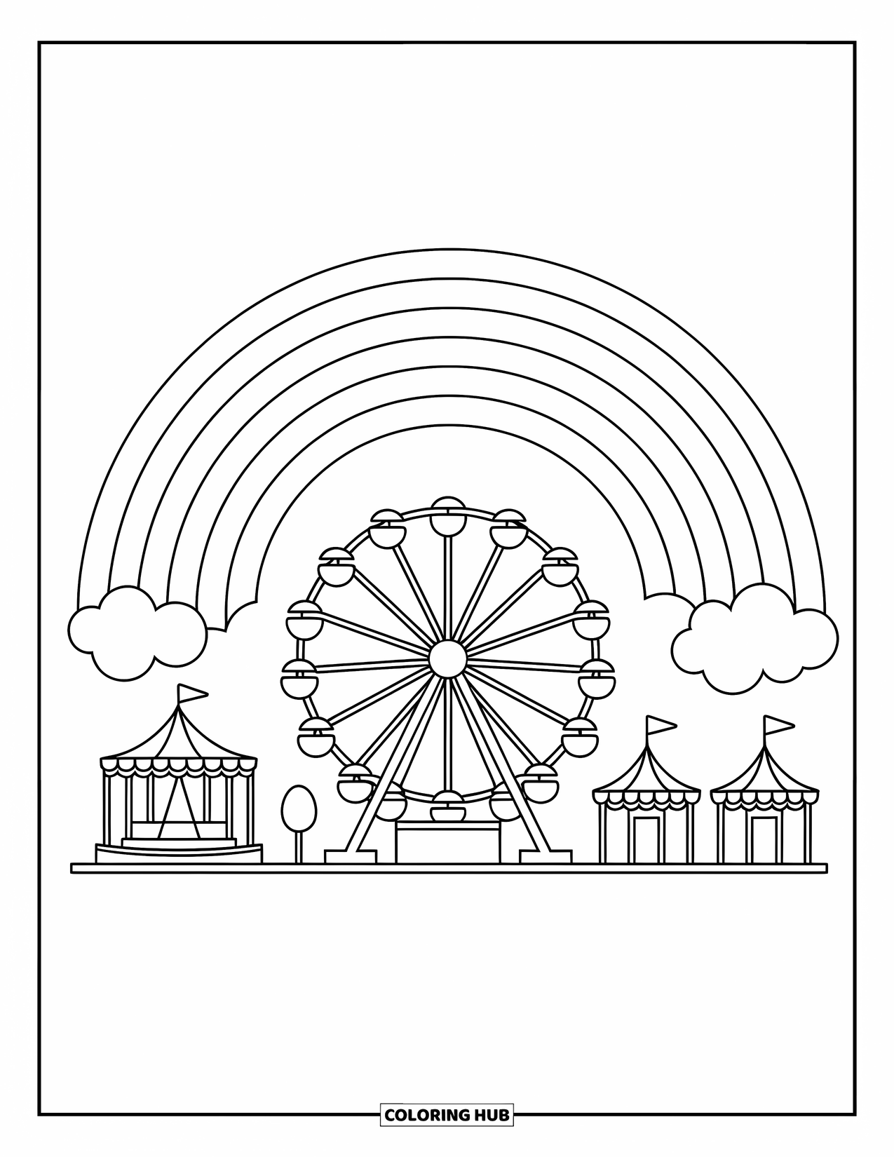 Desen de colorat cu curcubeu pentru copii: O carte magică stă deschisă, cu un curcubeu strălucitor ridicându-se din paginile sale fermecate