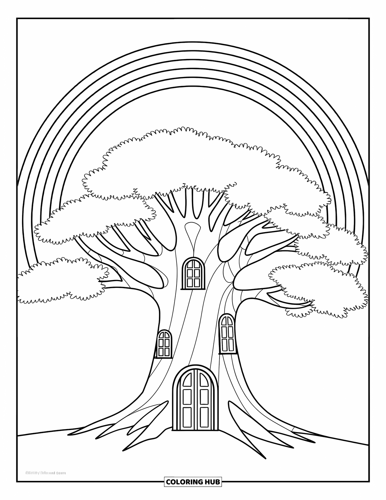 Desen de colorat cu curcubeu pentru copii: Un copac magic cu sculpturi complicate se întinde spre cer, unde un curcubeu se arcuiește deasupra