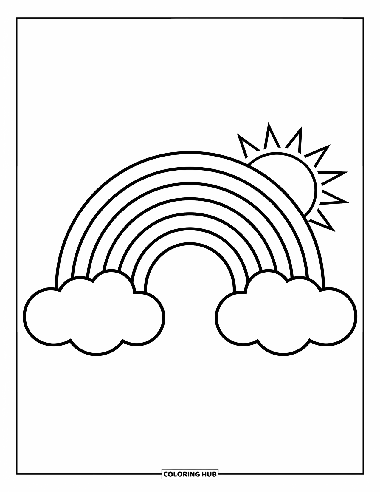 Desen de colorat cu curcubeu pentru copii: Un curcubeu maiestuos strălucește deasupra, cu un soare ascunzându-se în spatele unui nor plutitor