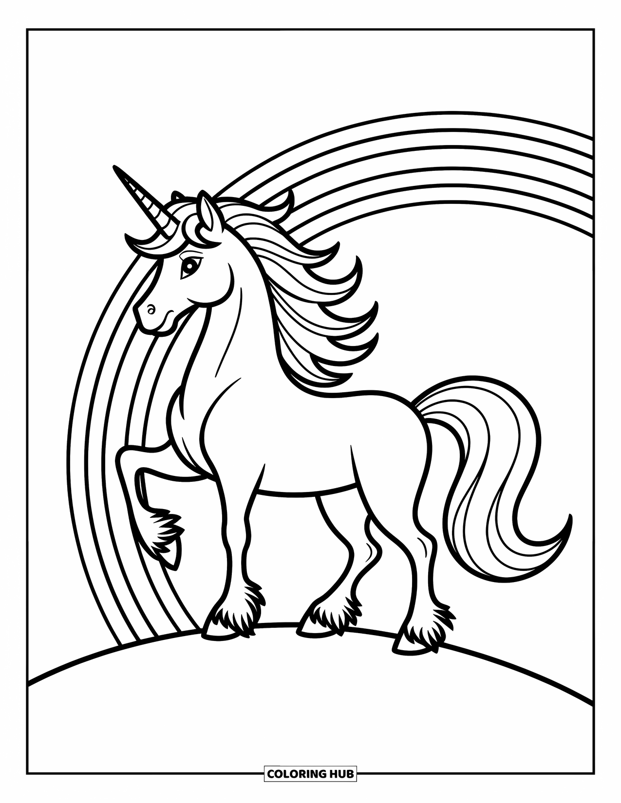 Desen de colorat cu curcubeu pentru copii: Un unicorn maiestuos stă mândru pe vârful unui deal, cu un curcubeu grațios arcuindu-se în spatele lui