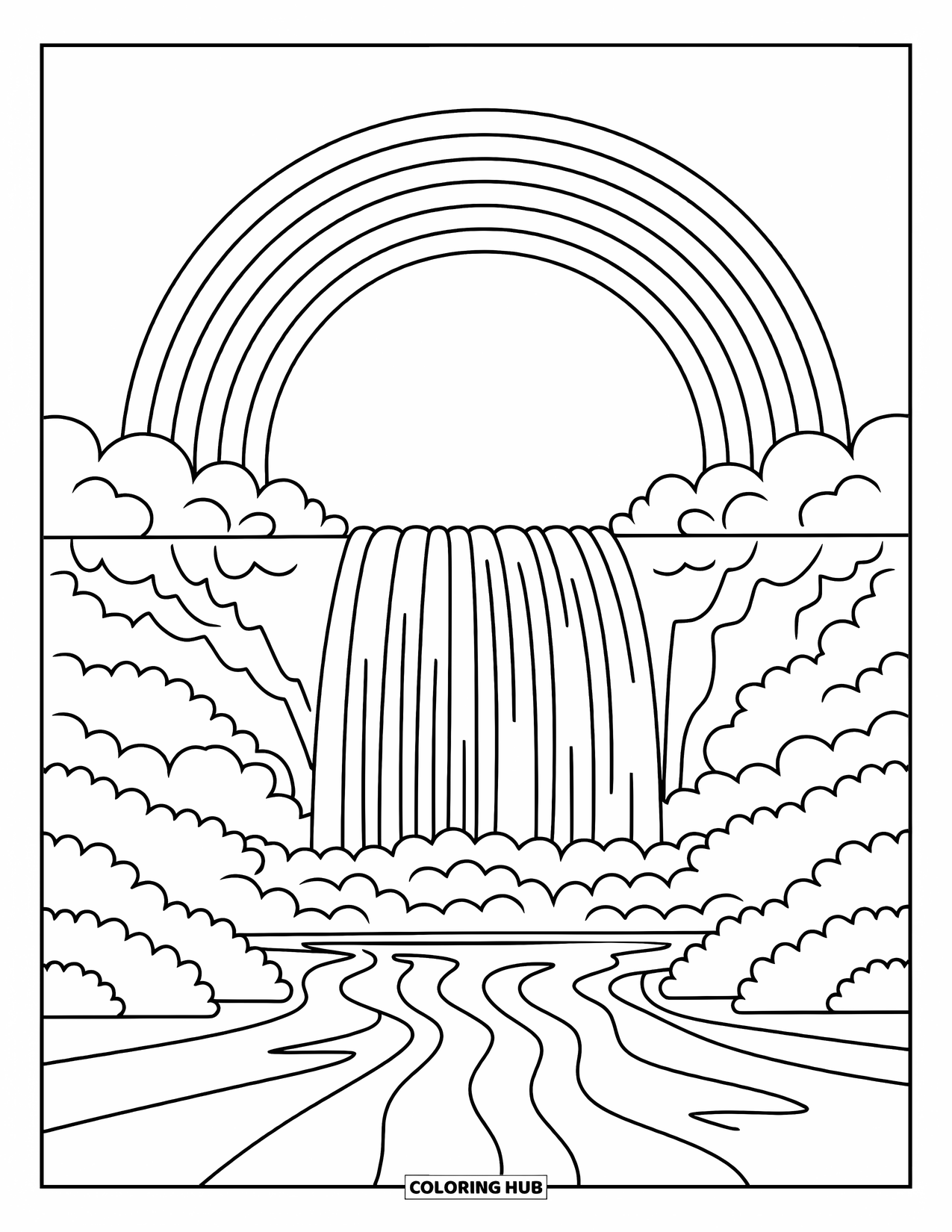 Desen de colorat cu curcubeu pentru copii: O cascadă maiestuoasă se prăbușește într-un râu liniștit, încadrată de un curcubeu strălucitor