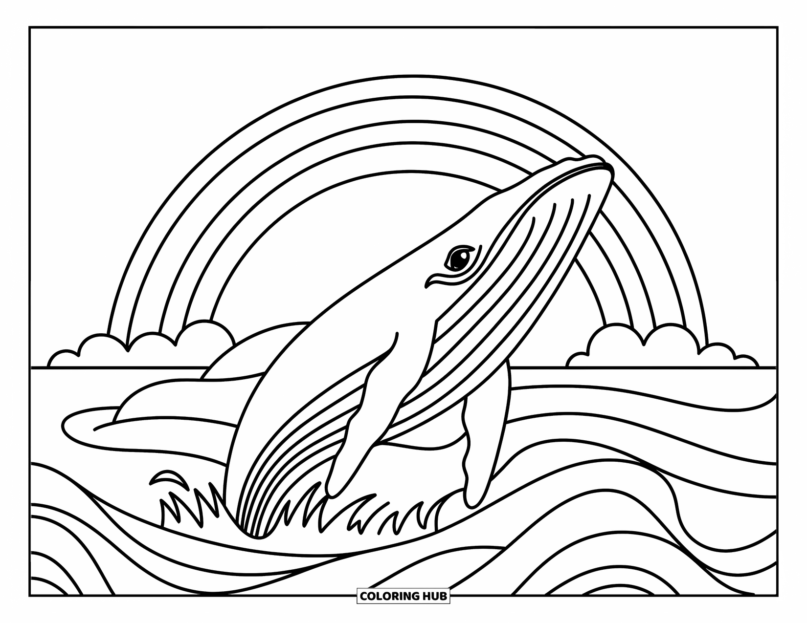 Desen de colorat cu curcubeu pentru copii: O balenă masivă sare din valurile oceanului, încadrată de un curcubeu larg pe cer