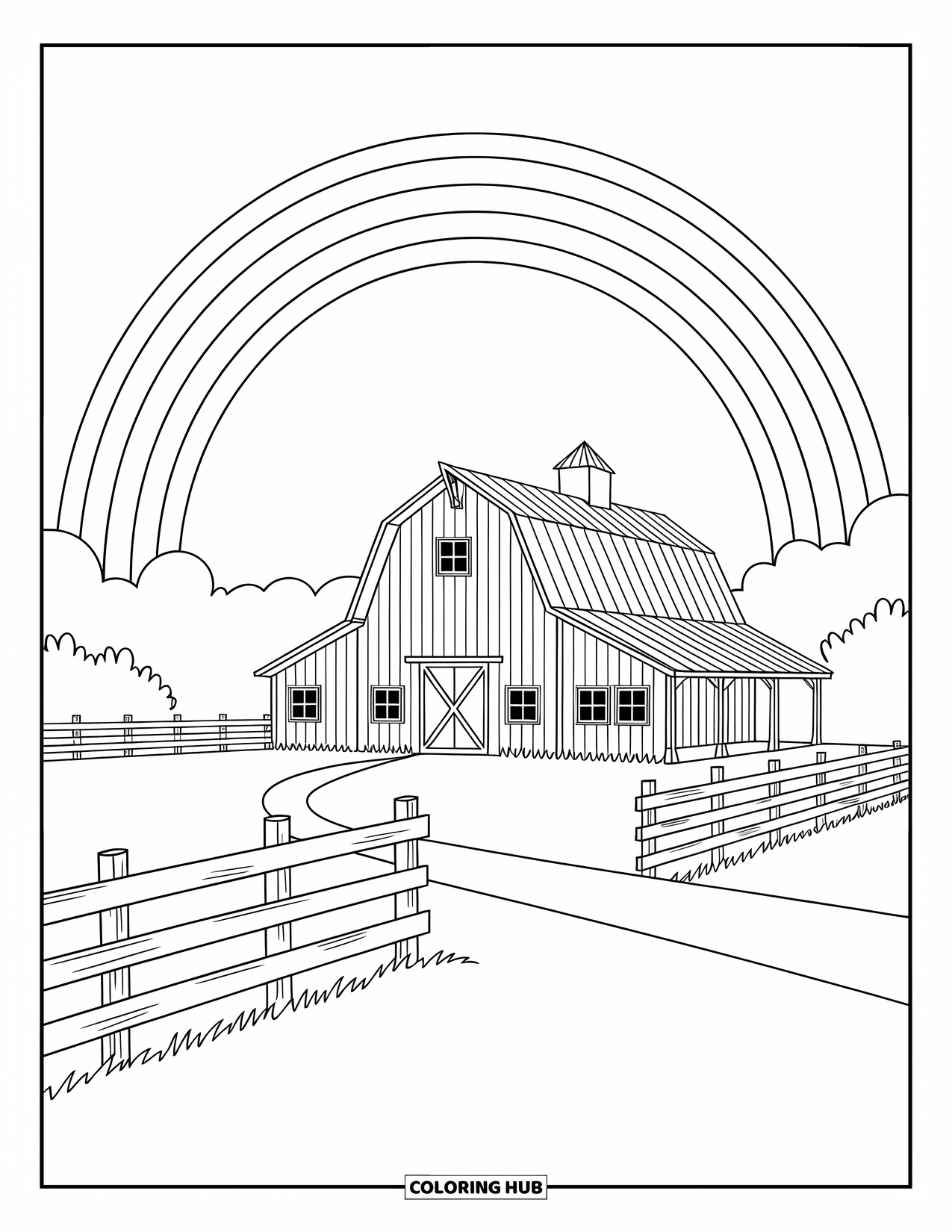 Desen de colorat cu curcubeu pentru copii: O fermă liniștită, cu un gard de lemn și un hambar, se odihnește sub un curcubeu maiestuos