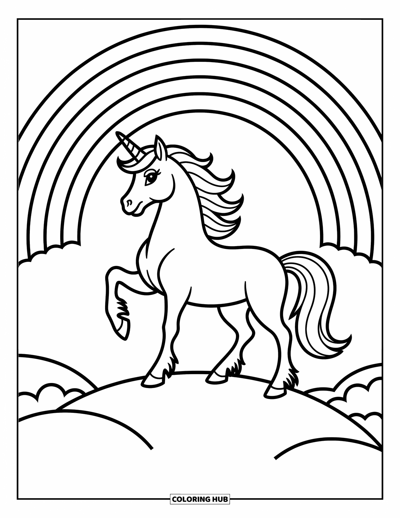 Desen de colorat cu curcubeu pentru copii: O fermă liniștită, cu un gard de lemn și animale jucăușe, se odihnește sub un curcubeu larg