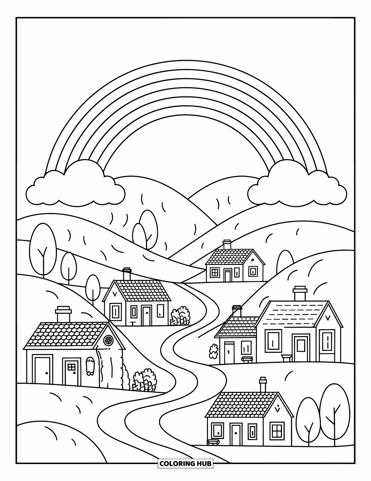 Desen de colorat cu curcubeu pentru copii: Un oraș liniștit, cu poteci șerpuite și dealuri, este încadrat de un curcubeu strălucitor