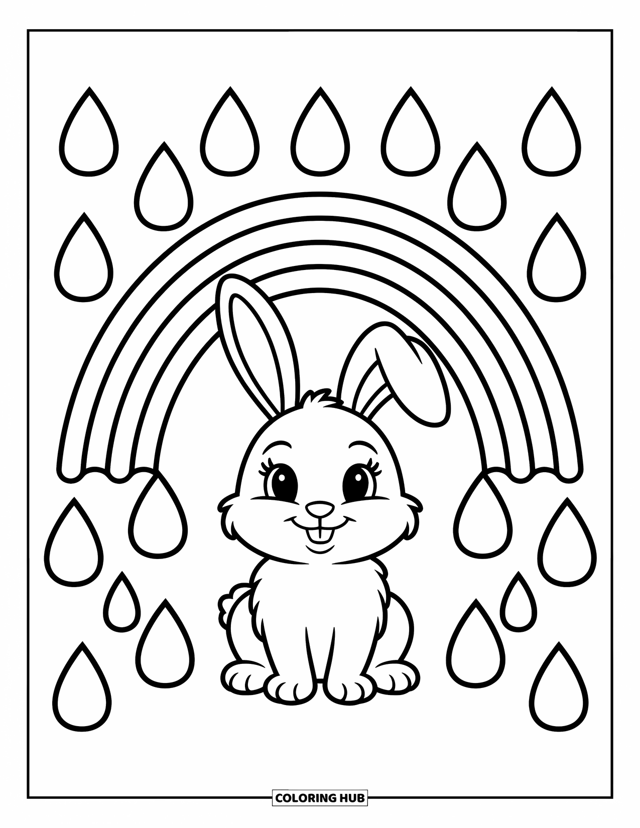 Desen de colorat cu curcubeu pentru copii: Un iepuraș jucăuș privește un curcubeu strălucitor, înconjurat de stropi de ploaie plutitori