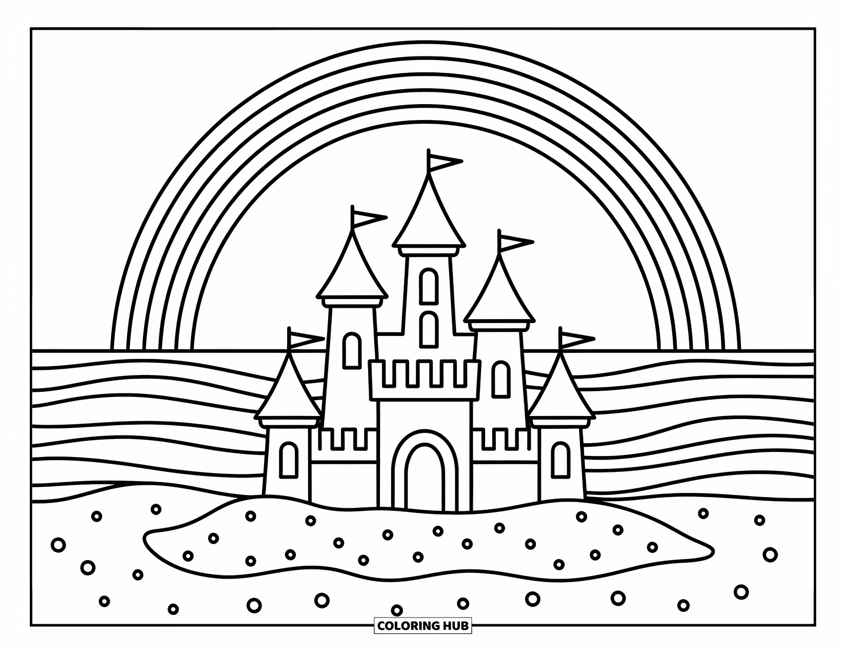 Desen de colorat cu curcubeu pentru copii: Un castel de nisip jucăuș se ridică de pe plajă, încadrat de un curcubeu blând deasupra