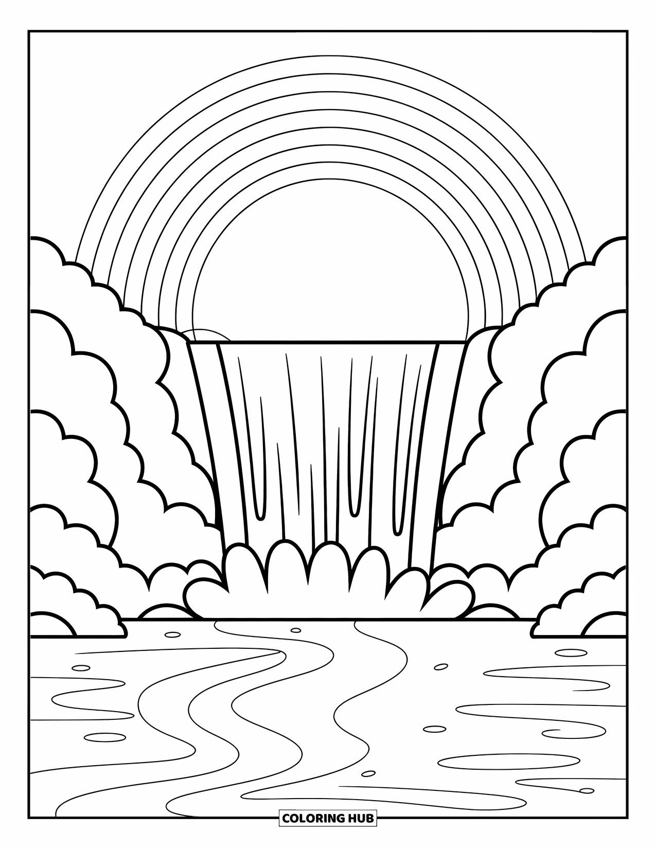 Desen de colorat cu curcubeu pentru copii: O cascadă puternică se varsă într-un râu senin, cu un curcubeu strălucitor arcuindu-se deasupra