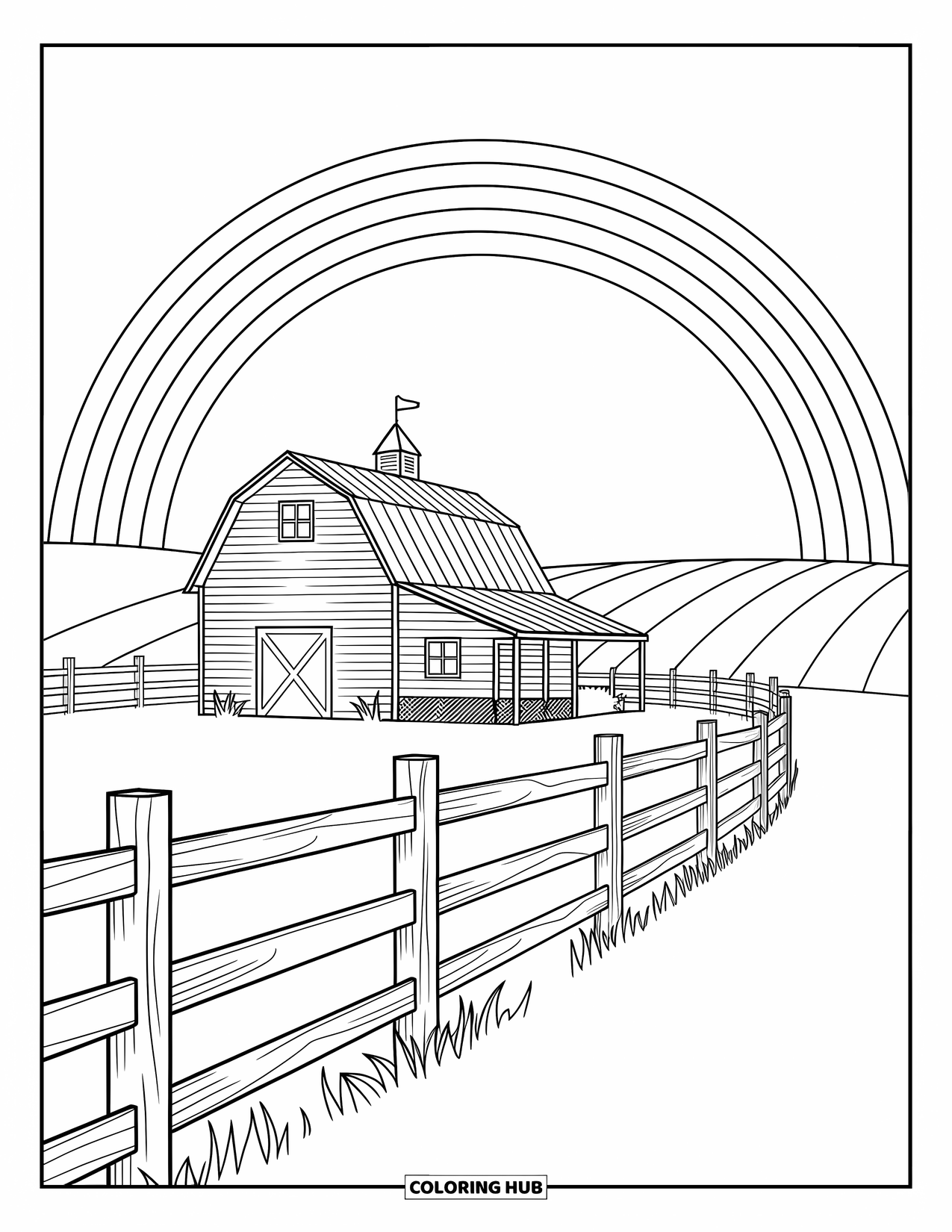 Desen de colorat cu curcubeu pentru copii: Un hambar pitoresc se află printre câmpuri ondulate, cu un curcubeu strălucitor deasupra