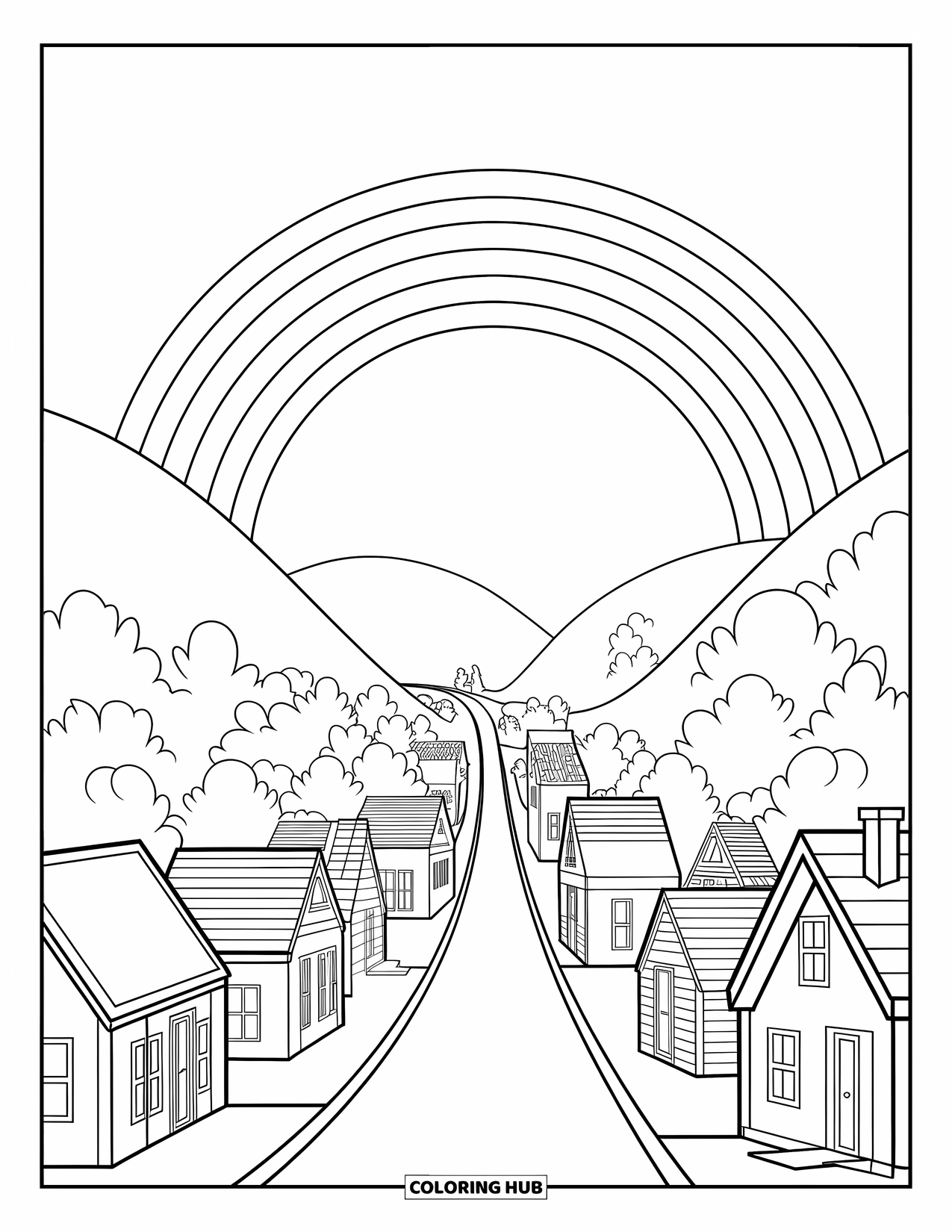 Desen de colorat cu curcubeu pentru copii: Un oraș pitoresc, cu case mici și dealuri ondulate, se odihnește sub un curcubeu maiestuos