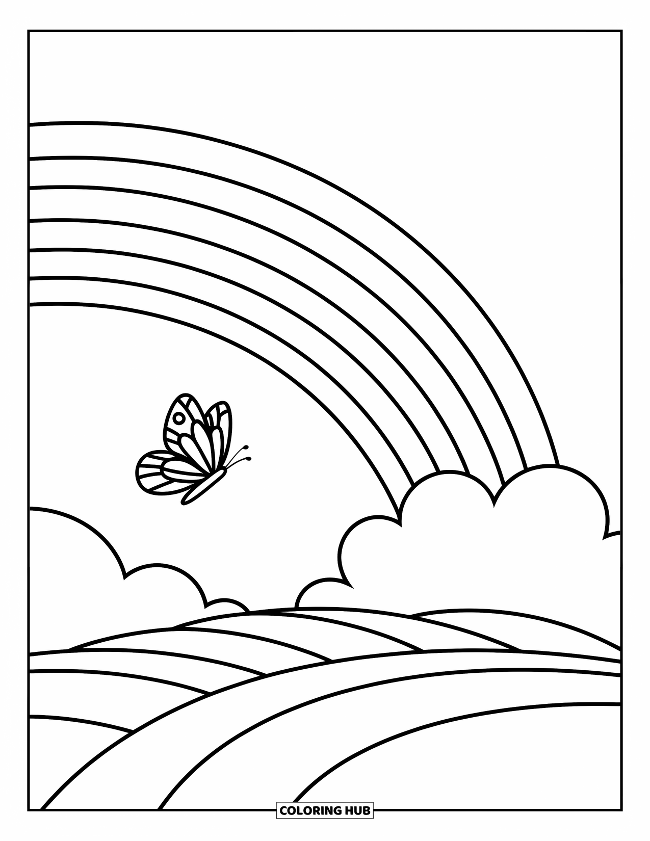 Desen de colorat cu curcubeu pentru copii: Un curcubeu se întinde peste un deal mic, cu un fluture fluturând în apropiere