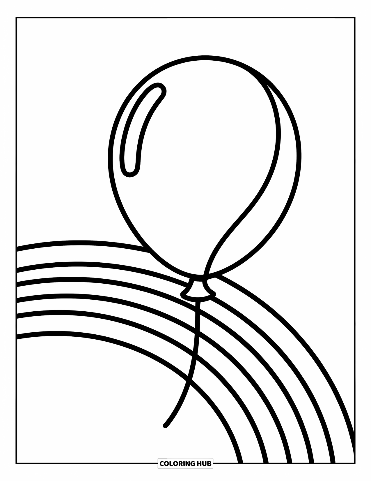 Desen de colorat cu curcubeu pentru copii: Un balon rotund plutește ușor, în timp ce un curcubeu moale se întinde pe cer