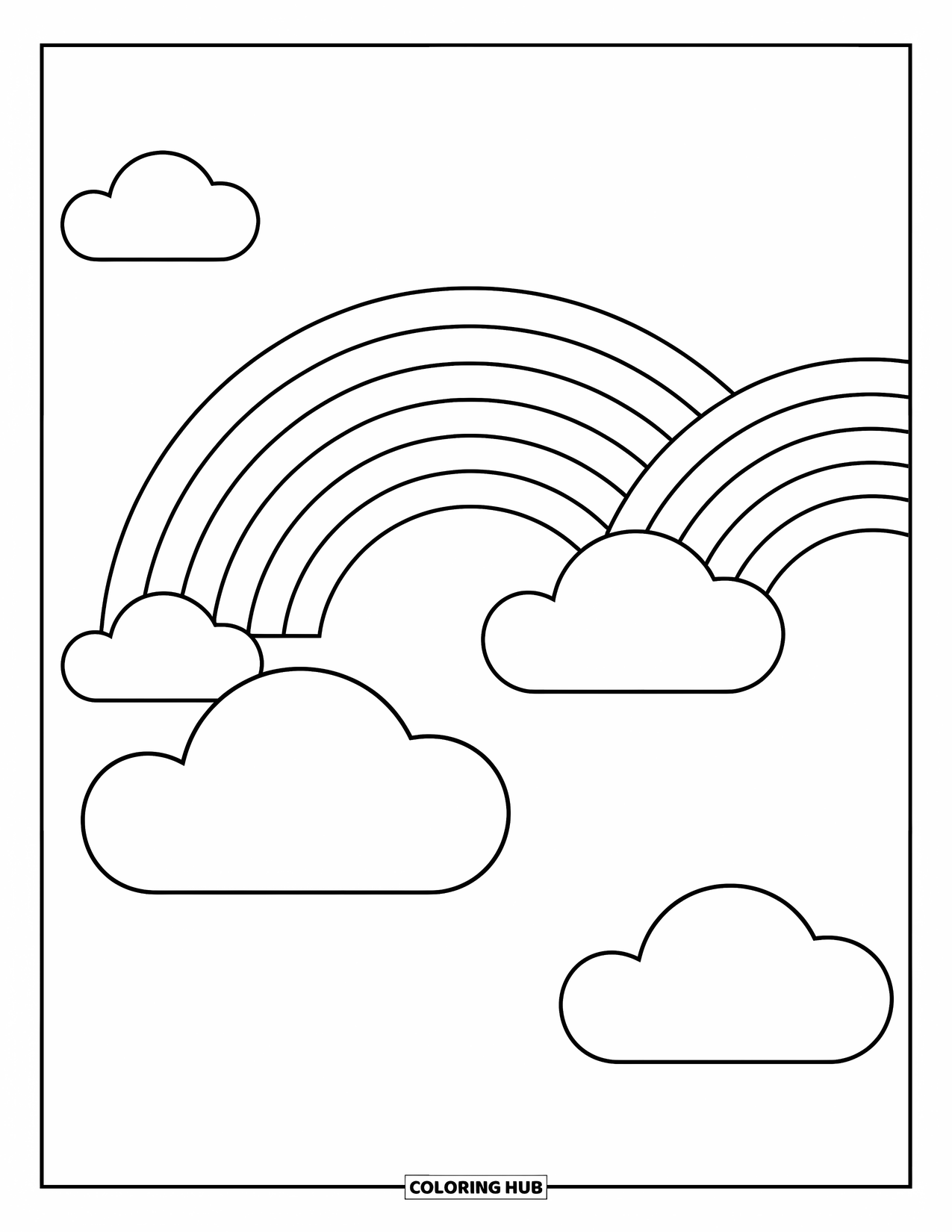 Desen de colorat cu curcubeu pentru copii: Un rând de nori plutitori este conectat de un curcubeu care se arcuiește ușor
