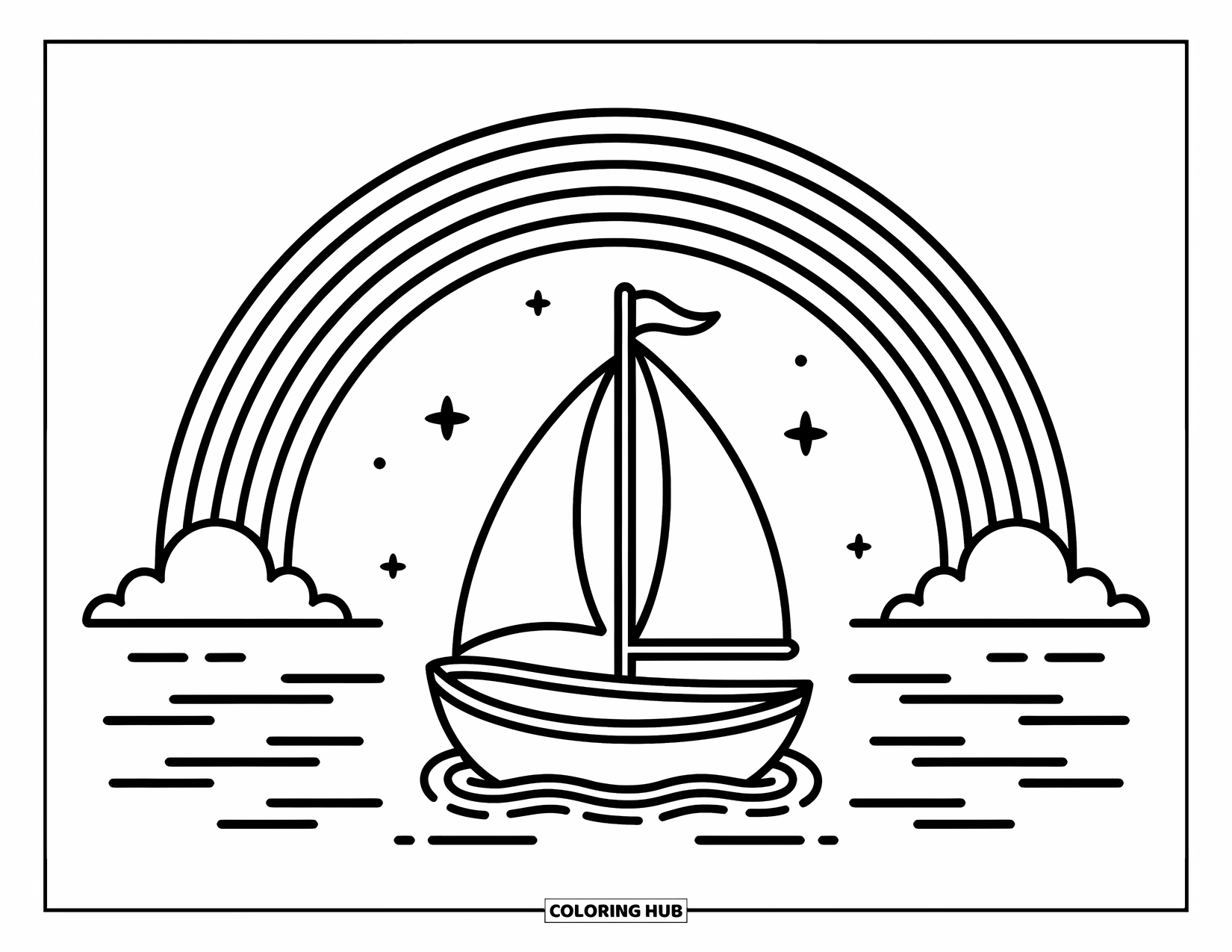 Desen de colorat cu curcubeu pentru copii: O barcă cu pânze plutește liniștit pe apă, încadrată de un curcubeu strălucitor pe cer