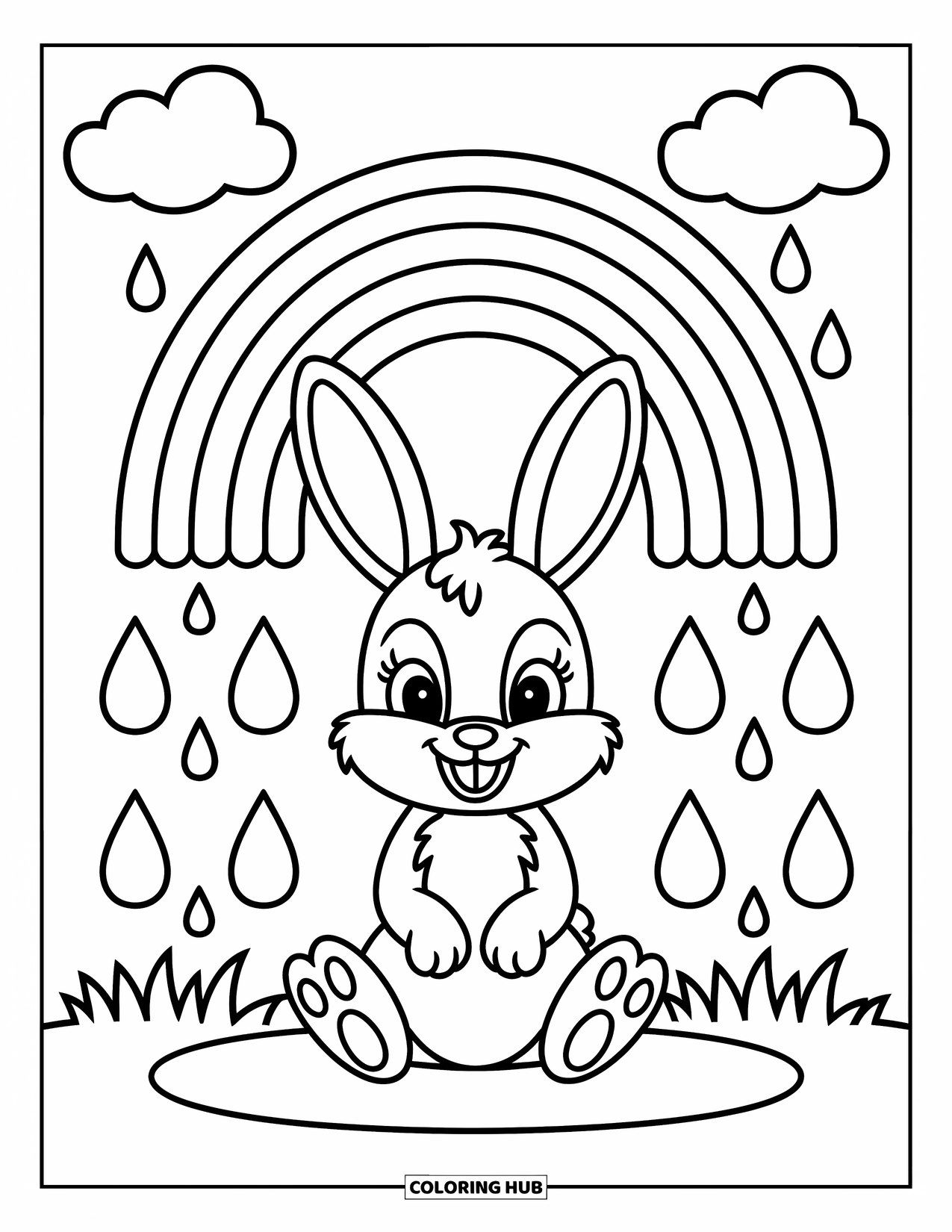 Desen de colorat cu curcubeu pentru copii: Un iepuraș mic se odihnește sub un curcubeu strălucitor, în timp ce stropi moi de ploaie cad din cer