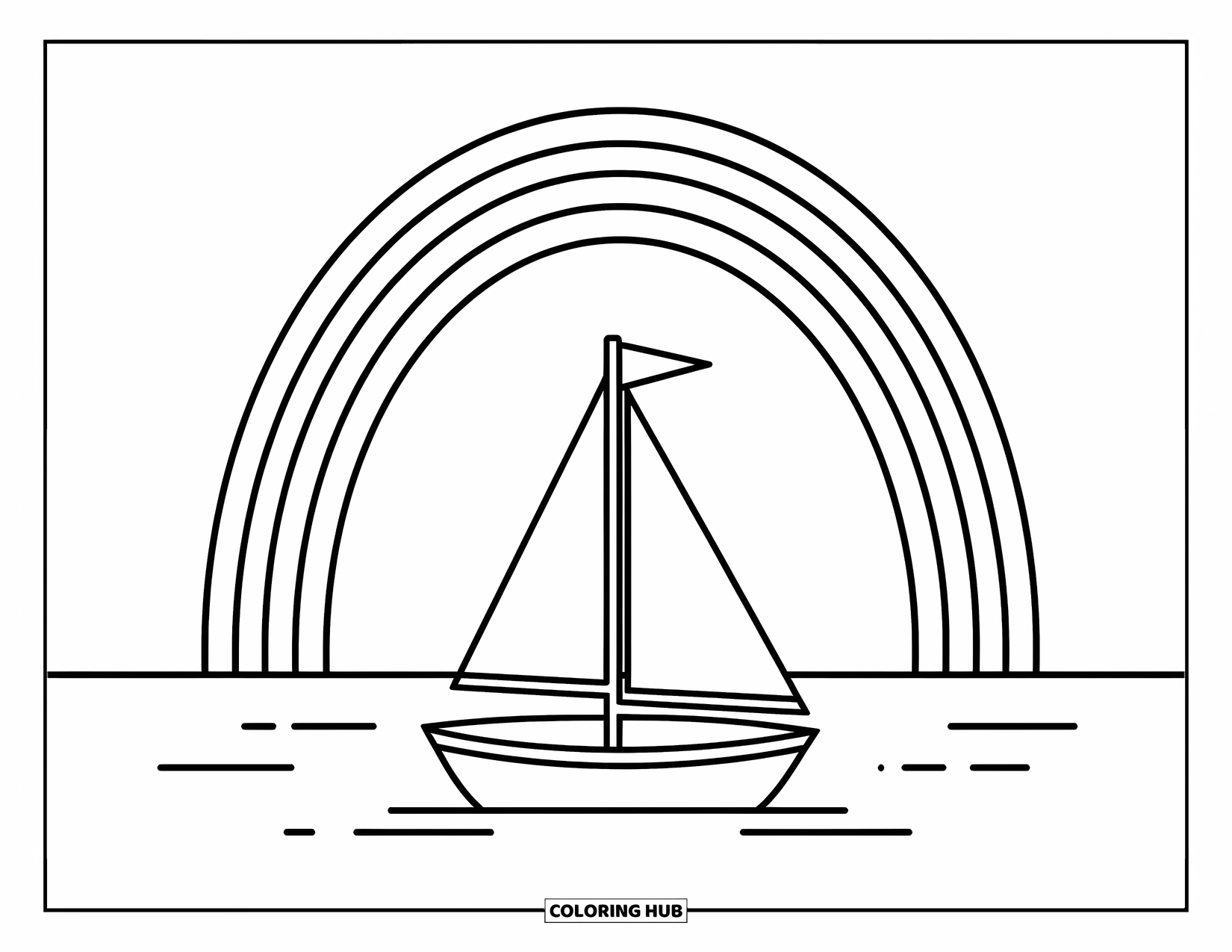 Desen de colorat cu curcubeu pentru copii: O barcă mică cu pânze plutește pe o mare calmă, cu un curcubeu grațios arcuindu-se deasupra