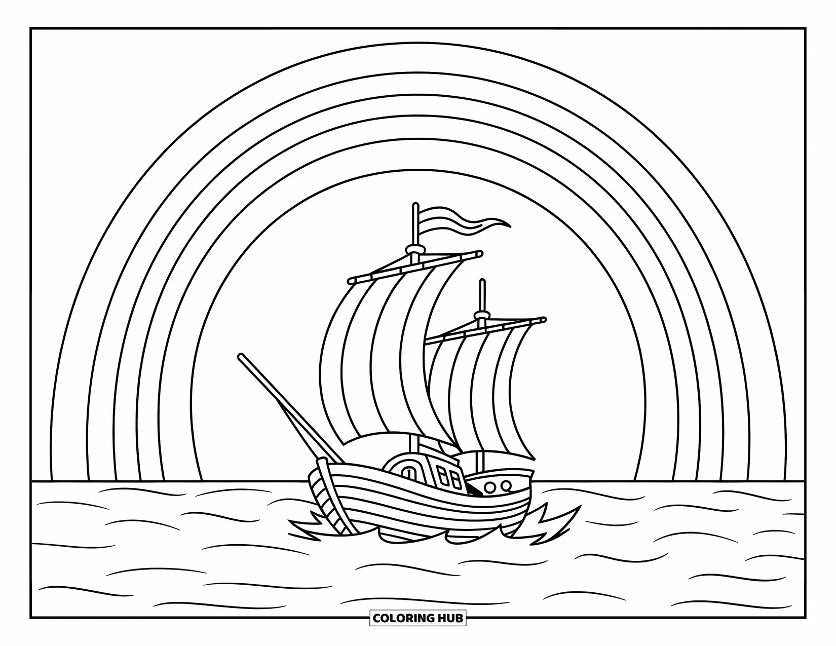 Desen de colorat cu curcubeu pentru copii: O navă mică navighează peste ocean, încadrată de un curcubeu strălucitor la orizont