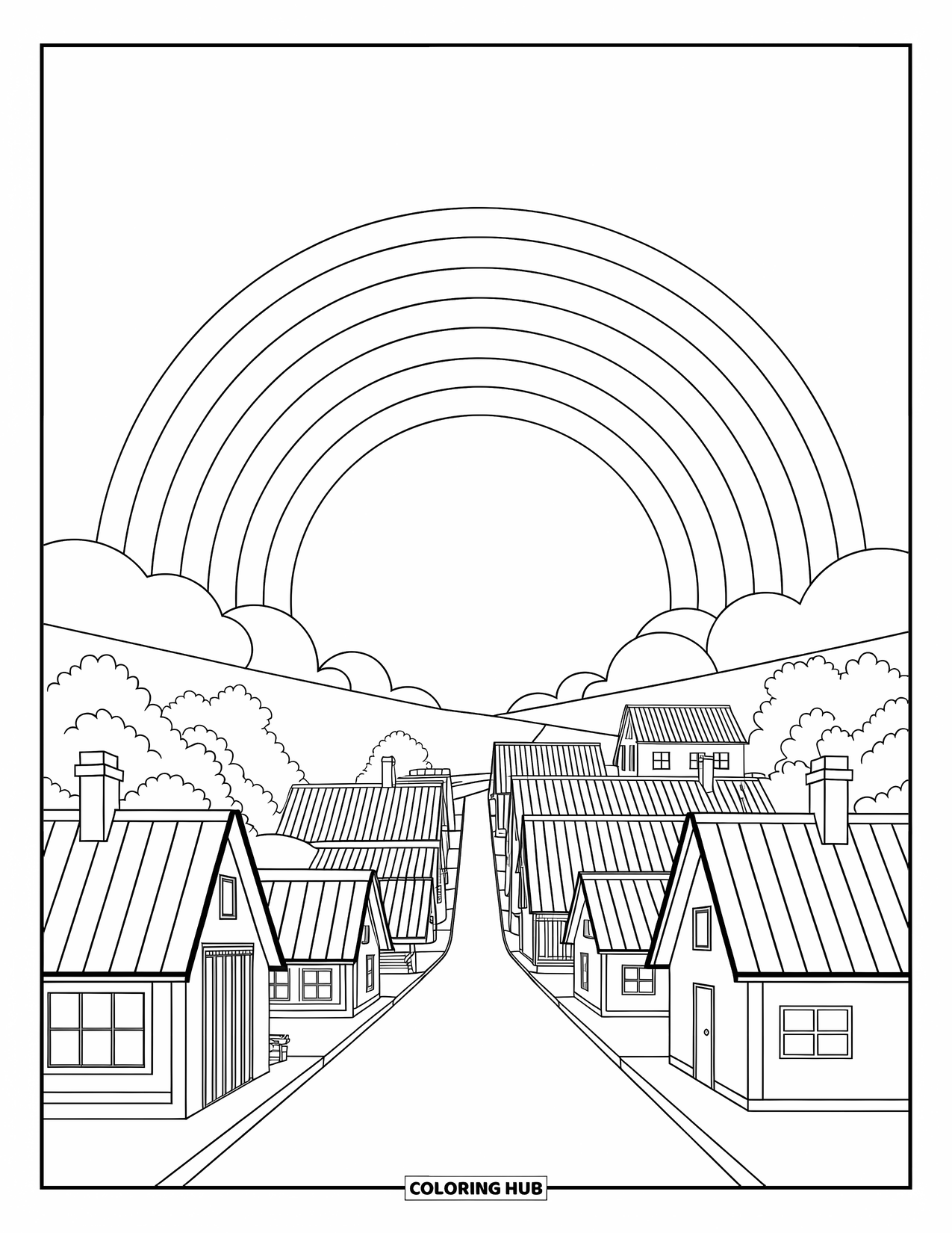 Desen de colorat cu curcubeu pentru copii: Un sat mic cu acoperișuri fermecătoare se întinde sub un curcubeu strălucitor pe cer