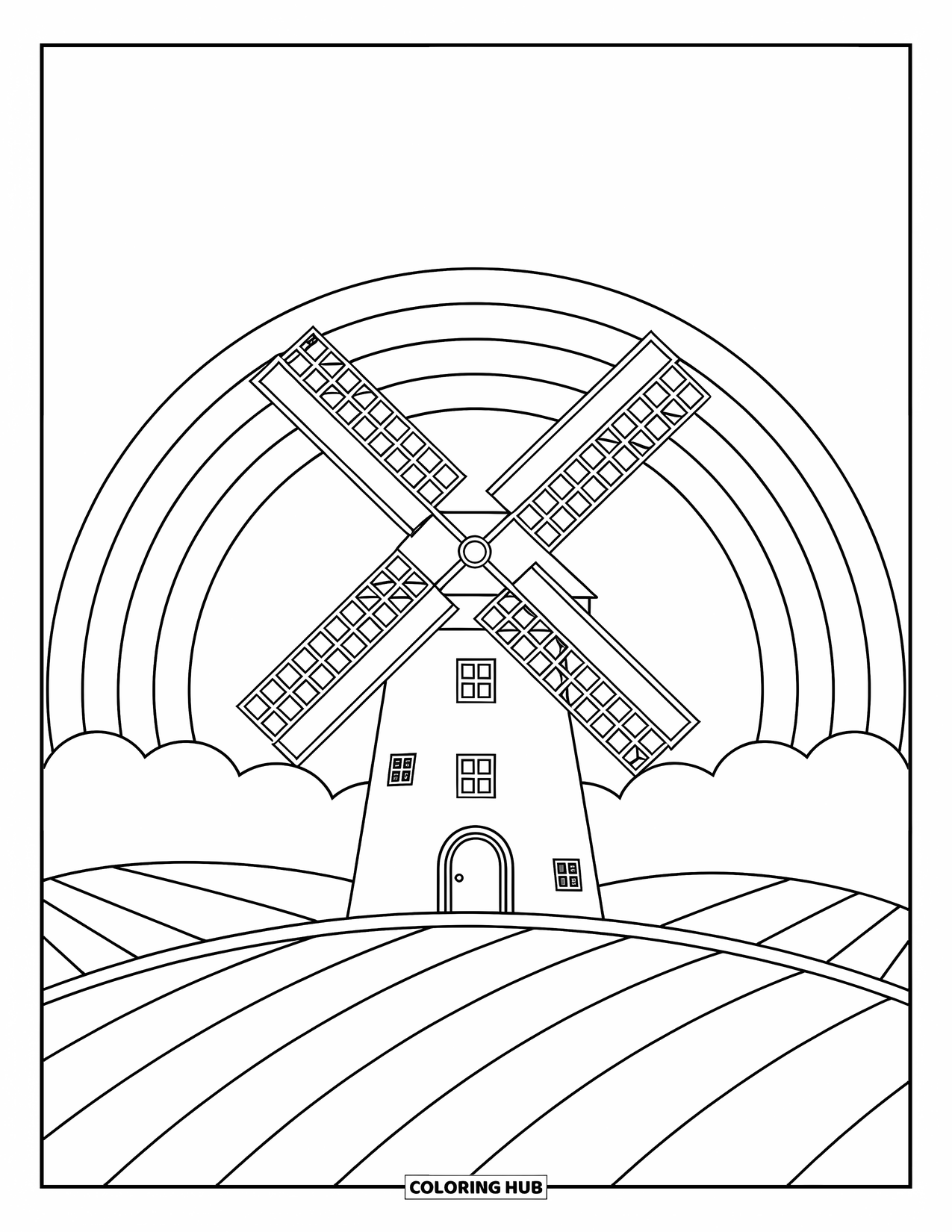 Desen de colorat cu curcubeu pentru copii: O moară de vânt rotitoare stă pe un deal blând, cu un curcubeu strălucitor întinzându-se pe cer