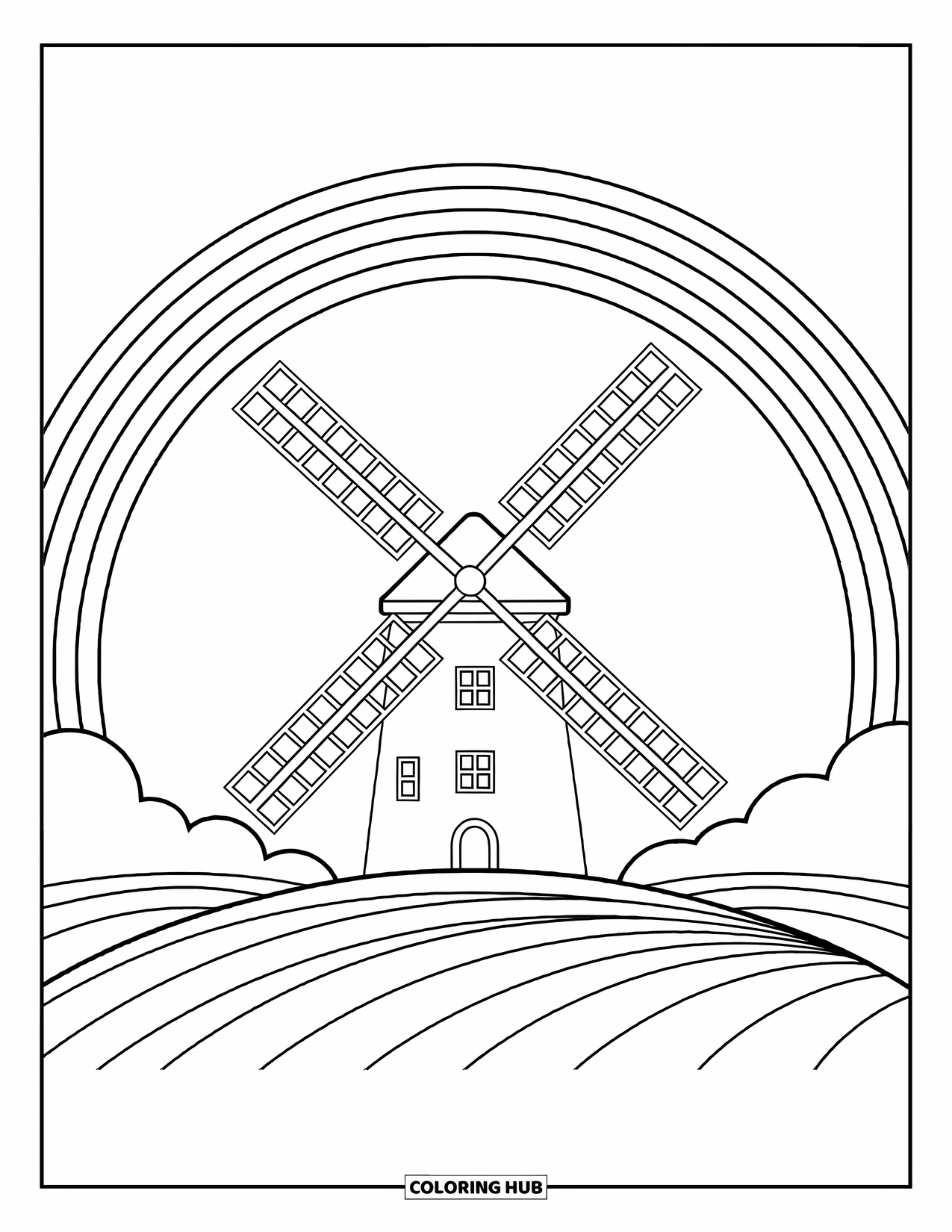 Desen de colorat cu curcubeu pentru copii: O moară de vânt rotitoare stă pe un deal, cu un curcubeu strălucitor arcuindu-se deasupra