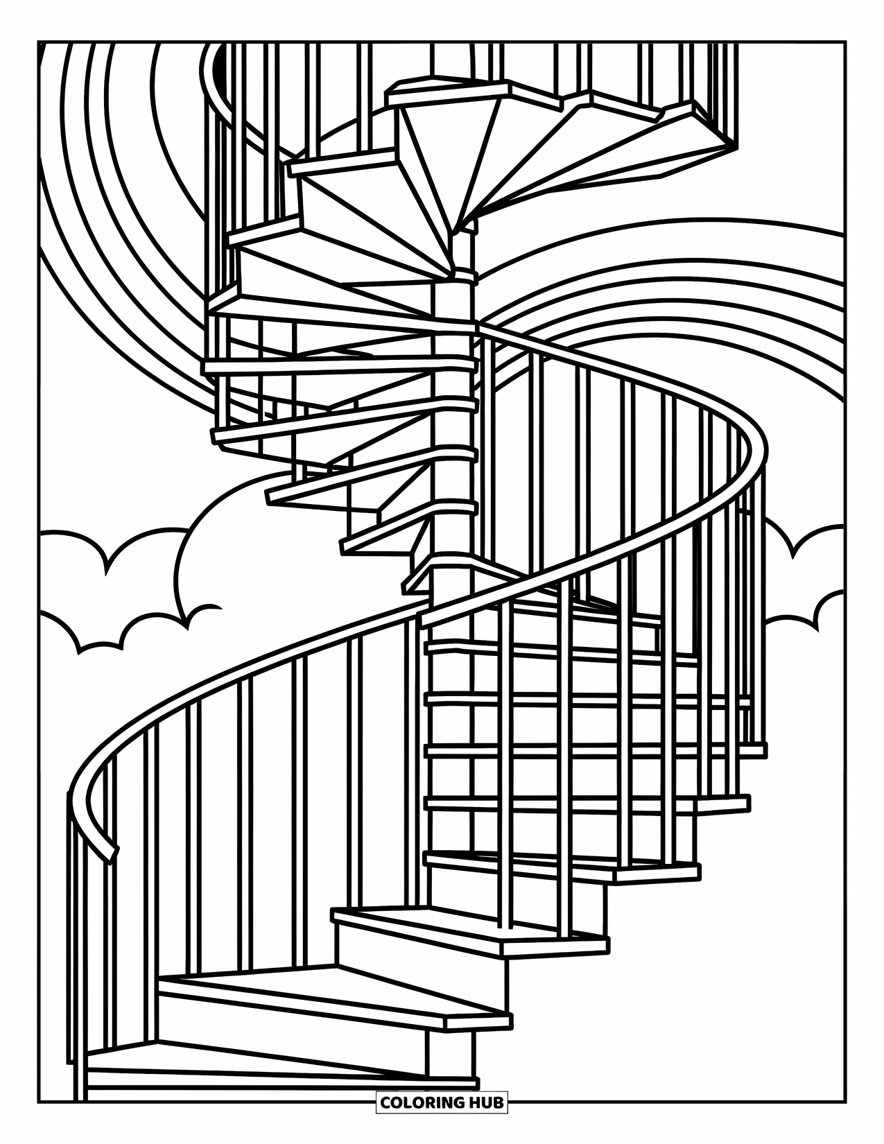 Desen de colorat cu curcubeu pentru copii: O scară spiralată urcă, dispărând într-un curcubeu rotitor deasupra