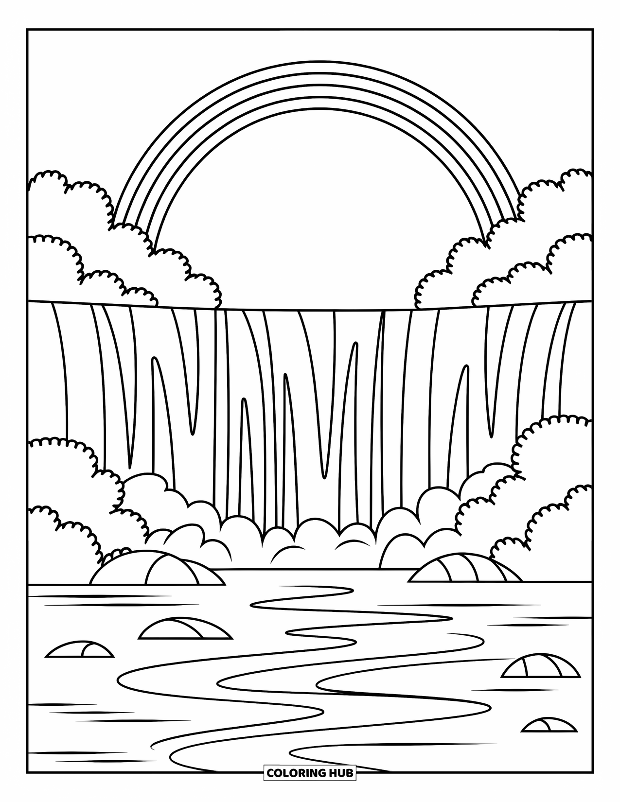 Desen de colorat cu curcubeu pentru copii: O carte de povești izbucnește de magie, în timp ce un curcubeu vibrant se arcuiește din paginile sale